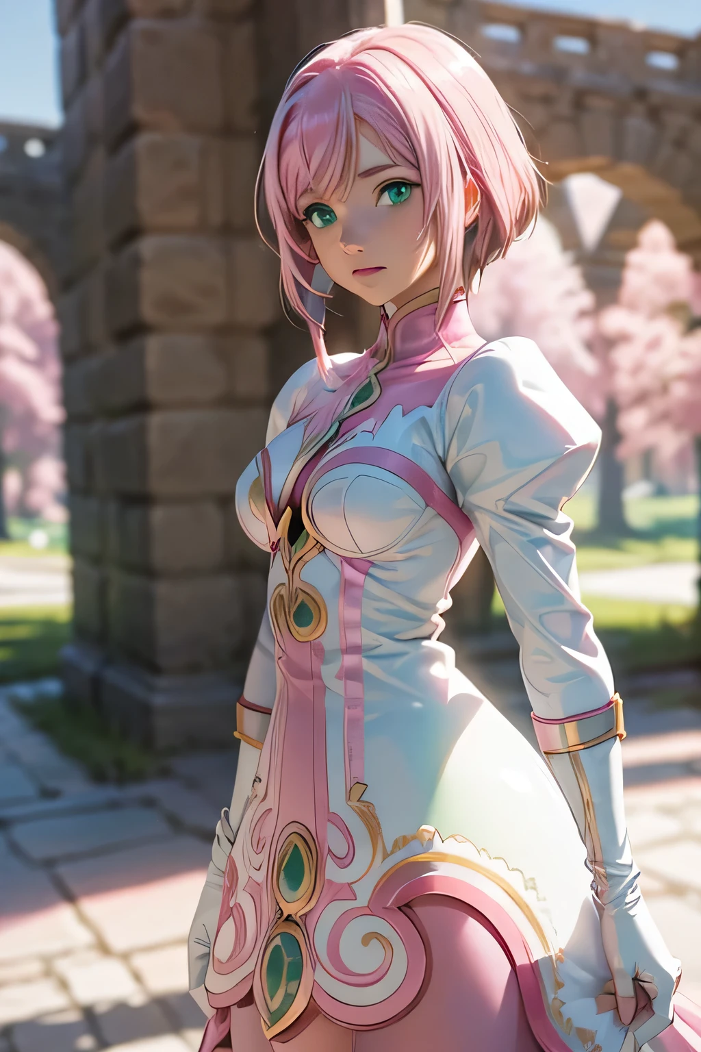  perfect anatomy 　 best quality, highest resolution,(((white latex dress　 green eyes　 pink hair　small breasts)))　Estellise　[blurry]　16k　Castle