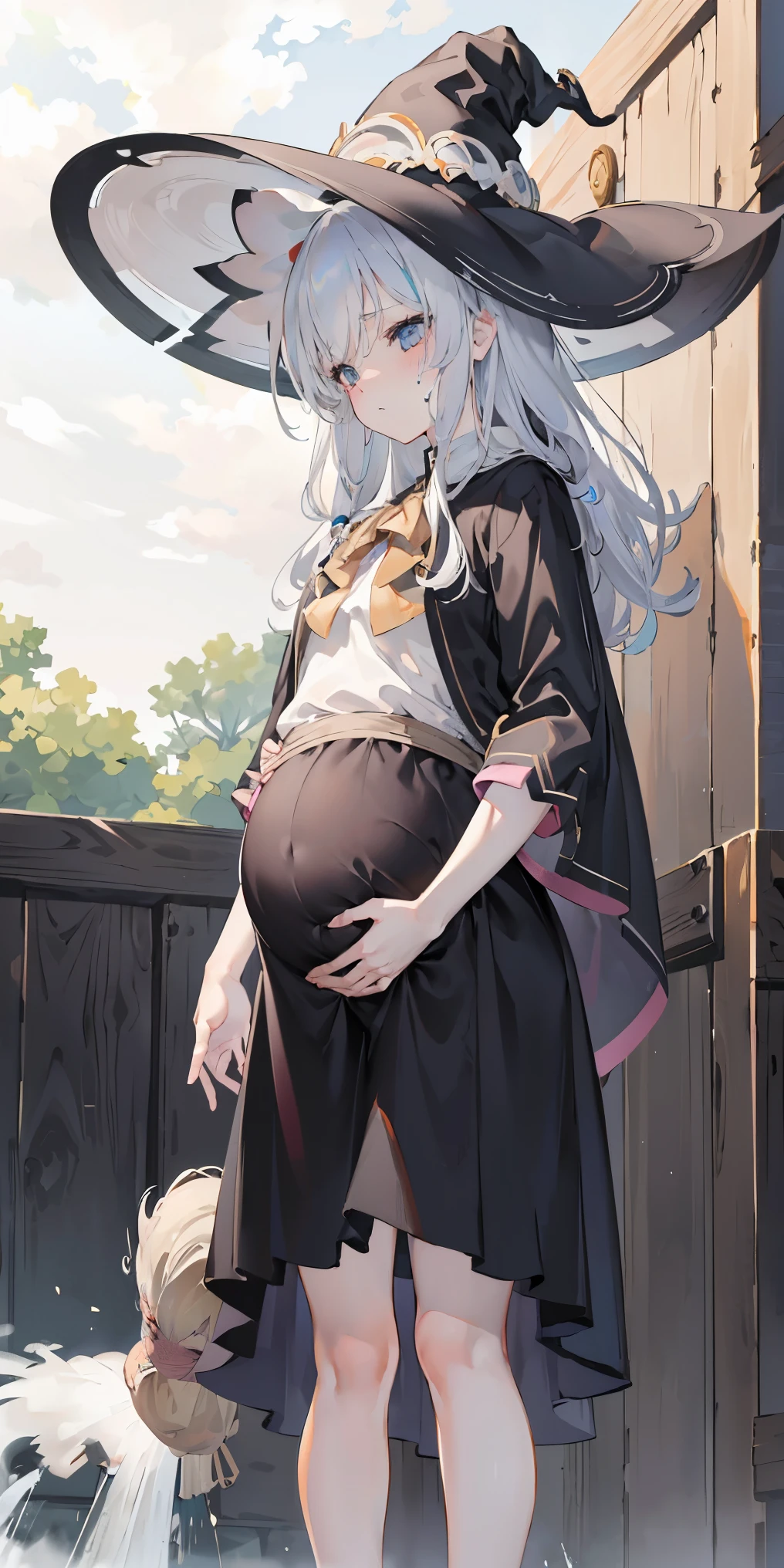 Elaina,white ash hair, anime girl, white shirt,black skirt,black cloak, pake face, sweating, heavy breath, blushing, pregnant, Pregnant belly, (best quality:1.2), ultra-detailed,realistic ,portraits, vivid colors, soft lighting, interesting PoV, leaked pee(clear pee), kneeling down,