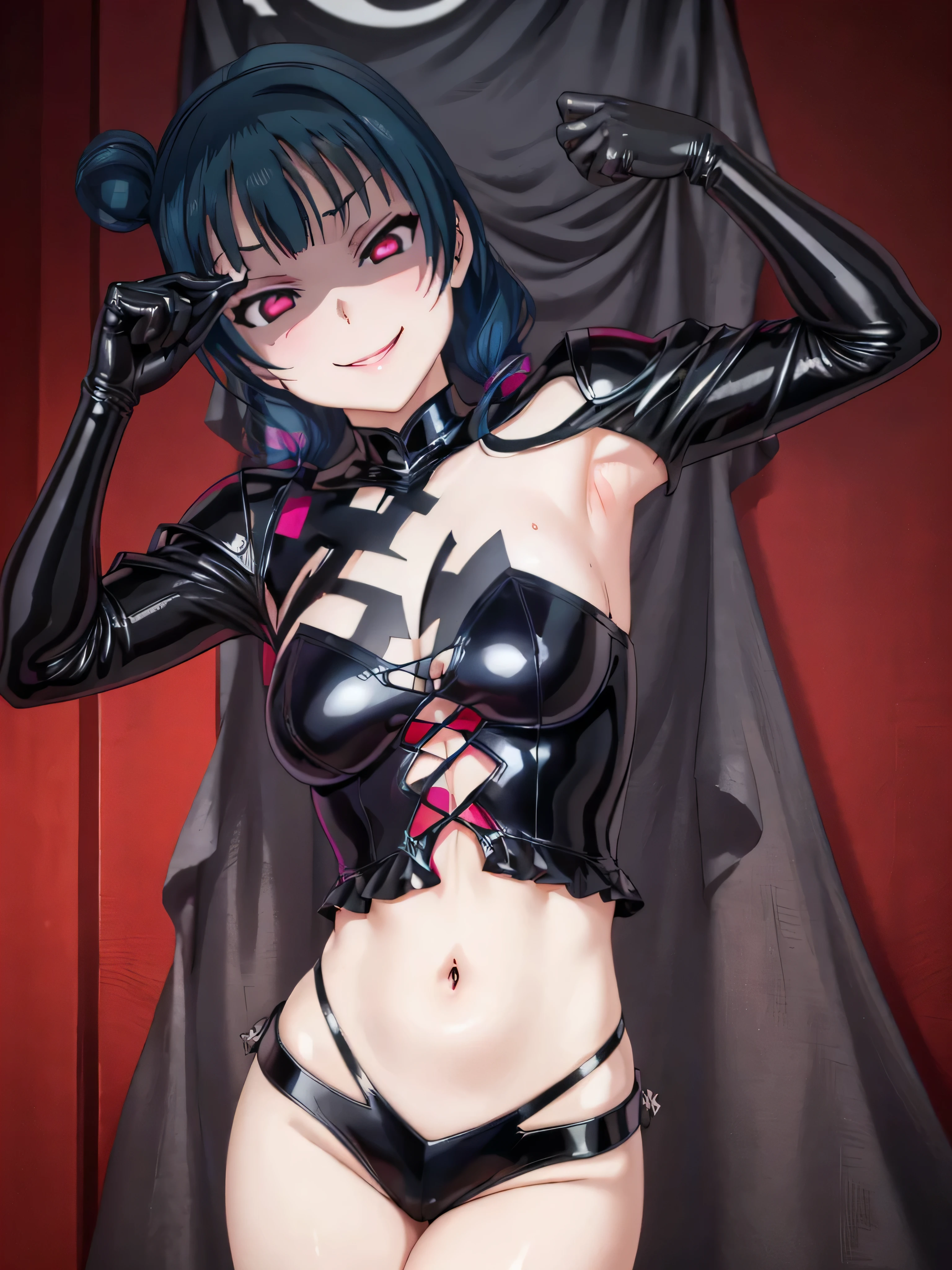 night、lovelive Black Background、Evil background、、Sensual dark light、A shiny black rubber suit that wraps around the body、tall、Upper Body、adult、、Alone、Navy blue hair twin tail drill Volumie、Upper Body、Evil female warrior、Fantasy、Condescending smile、Fallen into evil、Fall into Darkness, Yoshiko Tsushima,very evil smirk, (((black latex gloves)))、uneasy red background,beautiful hands,beautiful body,looking down at viewer,two hands,(masterpiece, best quality),