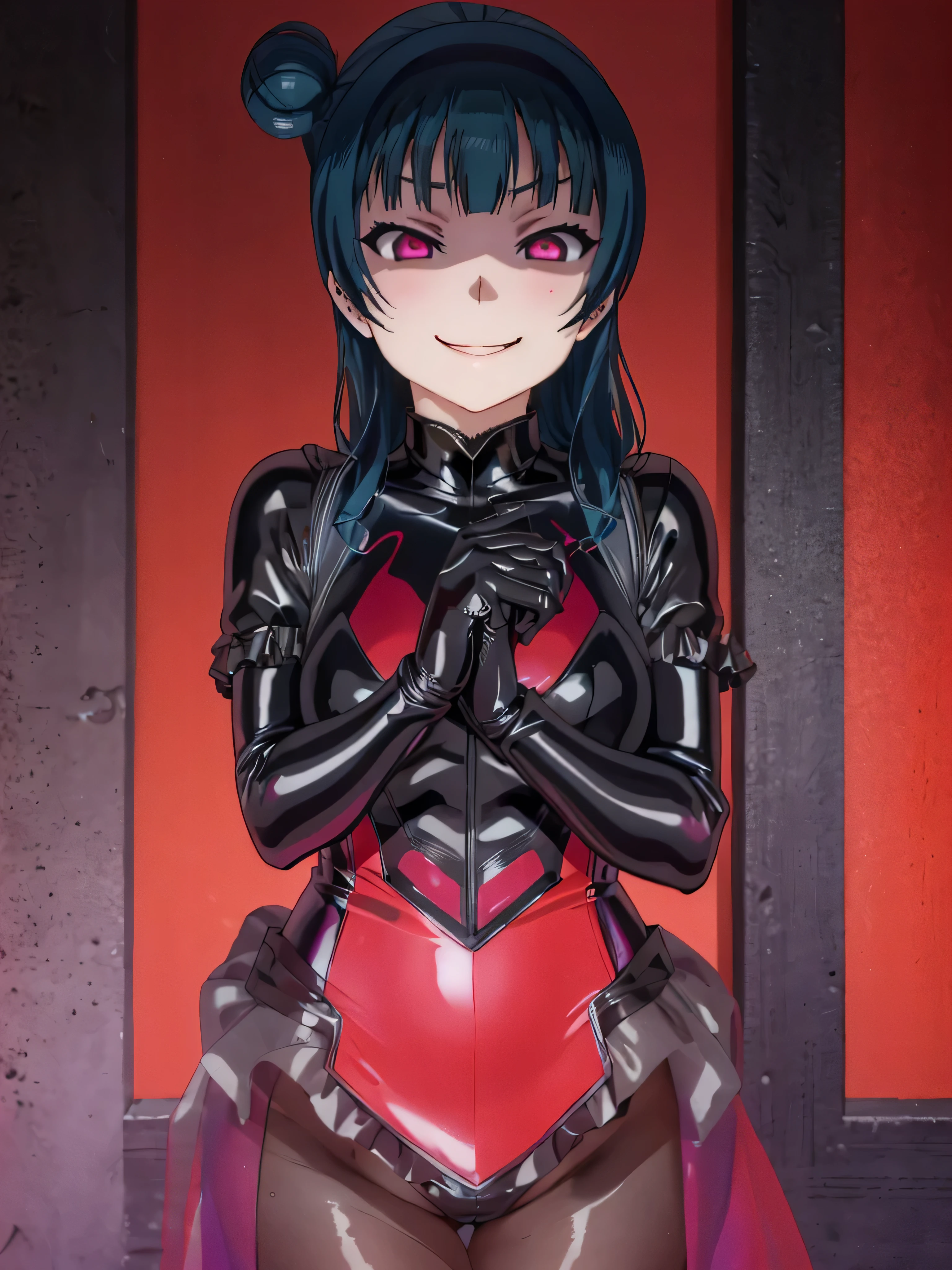 night、lovelive Black Background、Evil background、、Sensual dark light、A shiny black rubber suit that wraps around the body、tall、Upper Body、adult、、Alone、Navy blue hair twin tail drill Volumie、Upper Body、Evil female warrior、Fantasy、Condescending smile、Fallen into evil、Fall into Darkness, Yoshiko Tsushima,very evil smirk, (((black latex gloves)))、uneasy red background,beautiful hands,beautiful body,looking down at viewer,two hands,(masterpiece, best quality),