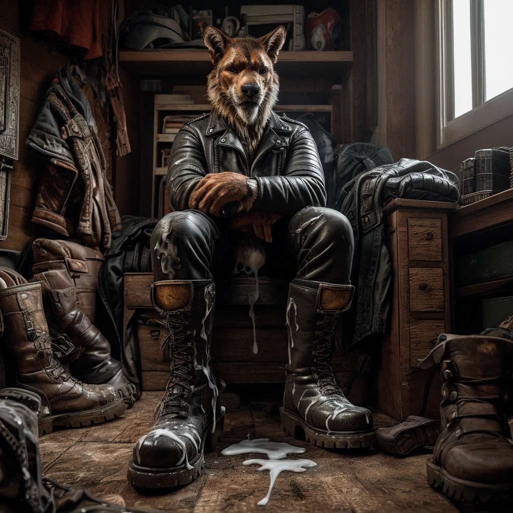 ((Front View of Boot, 1object:1.21)), a leather boot, (photographic rendering, hyperrealistic textures, photorealistic lighting:1.4), in a dorm room, pair of discarded leather boots, messy dorm, college dorm, sunlight from the window, (view of big boots, focus on black leather boots, tall boots, very detailed leather, low view, photographic rendering on boot, thicker boots:1.01), cum puddle, cum on objects, cum everywhere, excessive cum, cum stained, after sex, hyperrealistic cum, cum on boots:1.4), boots belong to a male biker