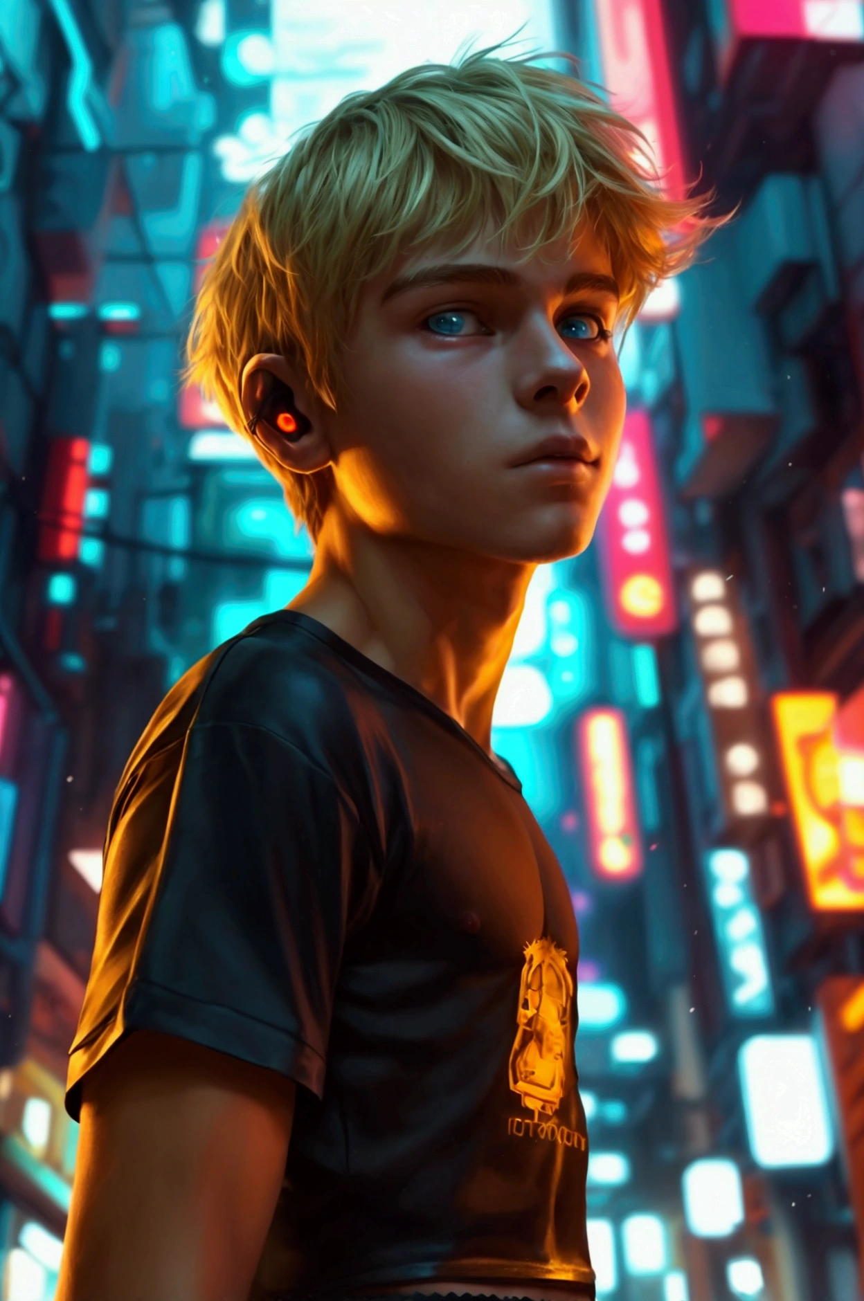 A photo of a young  male cute boyish imature shirtless 18yo teenager, Innocent face, innocent expression super skinny, blond, handsome, cute handsome boyish face,   wearing a super tight shorts hyperrealism photo. Full-body male focus. Focus on male cuteness.  Perfect anatomical proportions.(( Shirtless posing )) for his photograph in front of an intricately designed cyberpunk Comercial building  with many intricate cyberpunk gadgets. Cyberpunk setting. Perfect face. Realistic bmi. bare chest and arms. (((Not muscular))) no shirt