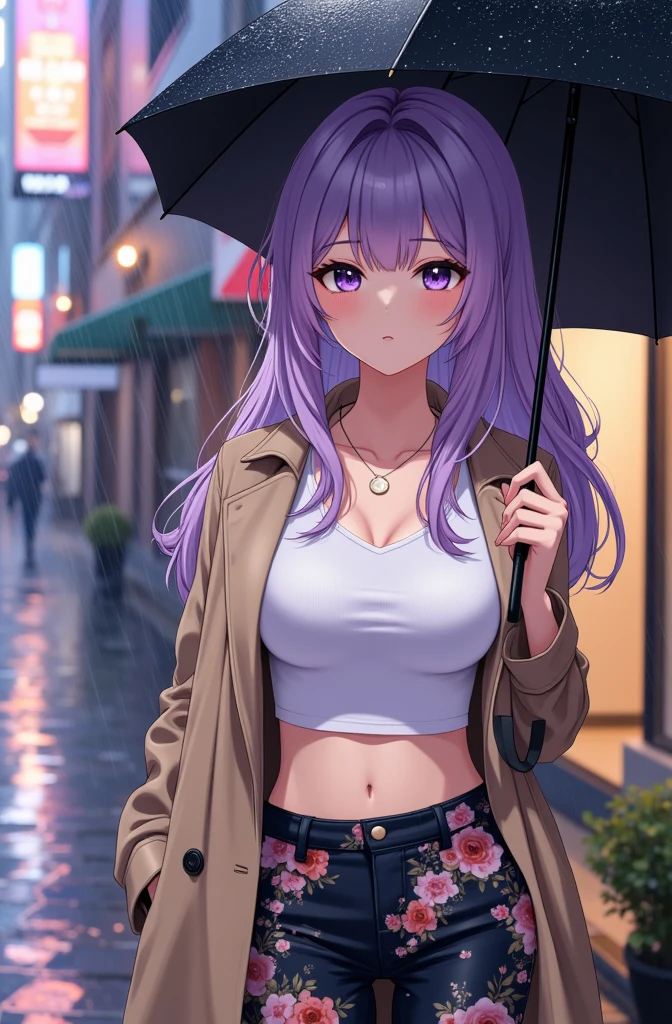 A stylized, anime-style portrait of a  woman with long, flowing lavender hair standing on a rainy urban street. She holds a partially open black umbrella above her, raindrops visible on the umbrella and her surroundings. She has captivating, large eyes and a soft expression. She is wearing a beige trench coat, left slightly open to reveal a fitted white crop top that highlights her toned midriff. Her other hand is in the pocket of her trench coat. Her pants feature a floral design with dark tones, complementing her fashionable appearance. The setting is a modern city with wet pavement reflecting the streetlights and blurred background details, adding depth and atmosphere. The lighting is soft yet moody, emphasizing the rain and creating a cinematic feel.