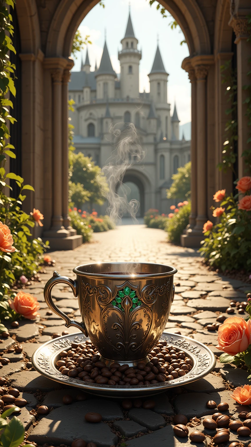 Realistic illustration for advertising , 1 very short and very low coffee mug made of polished silver ,  in the center of the coffee mug engraved with three-dimensional lily patterns ,  The area around the lily pattern is a medieval Gothic art motif. , . The rim of the top glass is adorned with green emeralds arranged in a horizontal order., . Inside the coffee mug there is a glossy black hot Americano coffee cup. ,  There is coffee smoke billowing out of the coffee mug elegantly but still looking natural. ,  The view of the image clearly shows the hot Americano coffee water inside the coffee cup , The coffee cup holder ear is on the right hand ,  coffee cups are placed on coffee coasters made of polished silver ,  coffee coasters engraved with medieval Gothic art motifs ,  The area around the coffee cup contains the same size of complete coffee beans, placed together naturally inside the coffee saucer., . Small ivy branches lay on a coffee saucer naturally , . The area around the coffee saucer contains complete coffee beans of the same size in large numbers, placed together naturally on the street floor.,  coffee cups and The coffee saucer is set on a medieval gravel-paved road in the lower center position of the image ,  The medieval gravel-paved road is a path connected from the central position of the ,  The background is Hohenzollern Castle, located on high mountains and in the middle of a medieval-style flower garden , The left and right sides have architecture , tree, Brightly colored flowers ,  and other elements where Represents medievalism lined up to the background of the image ,  should be checked. The area next to the street is decorated with banners with family insignia and red-gold flags, Fleur-de-lis motifs, hanging periodically., , the details of the architecture behind can be seen in detail and clearly through the perspective seen from the front. ,. In the sky, clouds and large daylight hours are devoted. , The midday sunlight shines through the stained glass  (Stained Glass)  from the cathedral and cause colored light reflected to all corners of the image. ,  The overall atmosphere of the picture is bright cheerful noon time. 