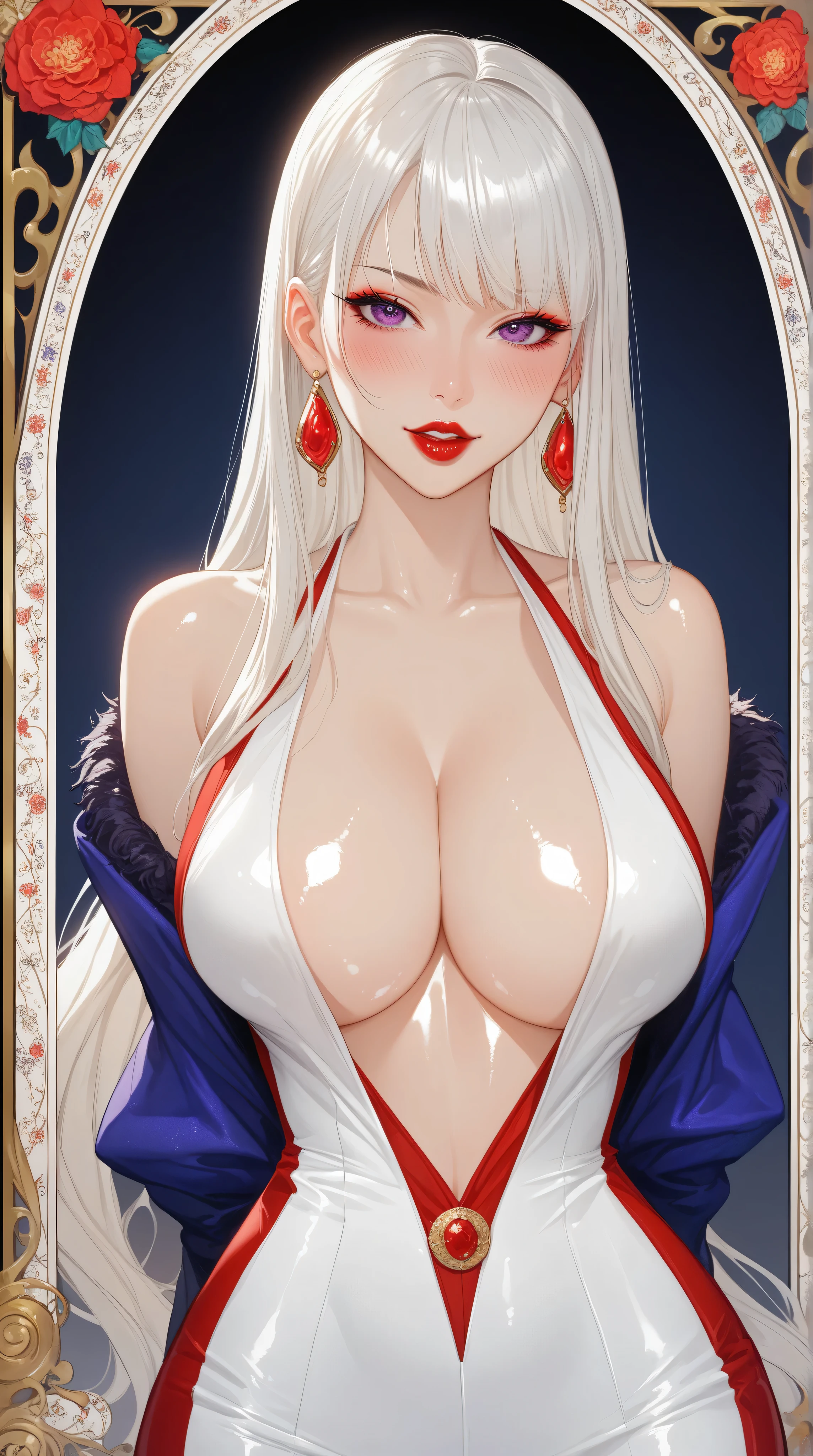 A beautiful asian woman with long straight white hair, straight bangs, big purple eyes, red lips, big breasts, amd very pronounced cleavage stands facing viewer, though an extremely modern girl dressed in colorful alternative harujuku fashion, framed by decorative elements that fuse the design aesthetics of Shibuya in a collage like background of video game characters, crazy toys, and food elements, super vivid color, loaded with details, (ulzzang), manga, anime, hyperreal, ultra detailed, 16k, zentangle, art nouveau, Super detailed, Super exquisite, 8k, 1girl, lipstick, red lips, plunging neckline, makeup, big breasts, cleavage, looking at viewer, arms behind back, ulzzang, portrait, sexy, submissive, ((seductive)), ((heavy blushing)), shy, tease, Sharp focus, ((shiny skin)), ((naughty girl)), 
