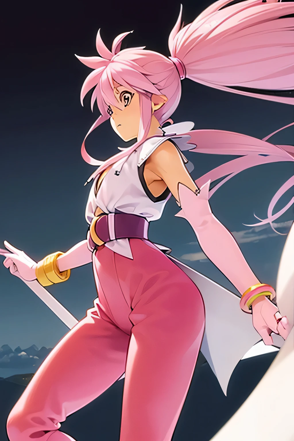  perfect anatomy 　 best quality, highest resolution,(((Shiny clothes　 pink hair　 ponytail 　sweat)))　 Tales of Phantasia　Arche 