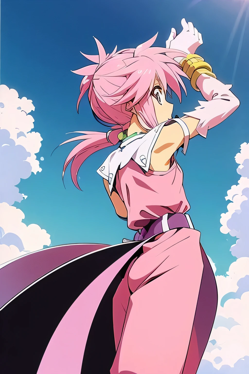  perfect anatomy 　 best quality, highest resolution,(((Shiny clothes　 pink hair　 ponytail 　sweat)))　 Tales of Phantasia　Arche 