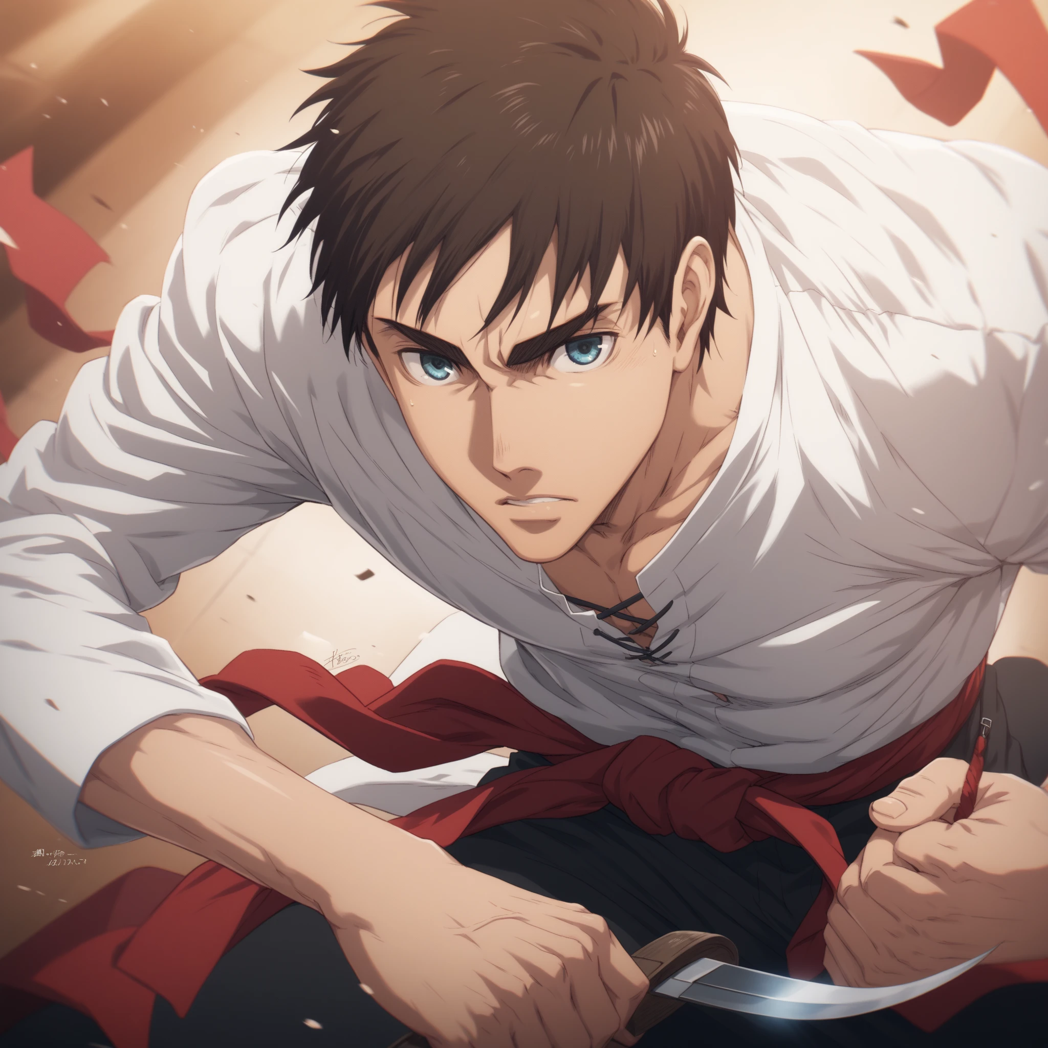 anime 2d, best quality, Eren Jaeger, man, best Definicion,  muscular body ,  a tight long sleeve shirt black ,  loose fitting white martial arts pants,  a red belt around the waist ,  tai chi sneakers on the feet , high resolution,  masterpiece , anatomically correct, Details altos, Looking at the viewer, Preciso, UHD, Solo