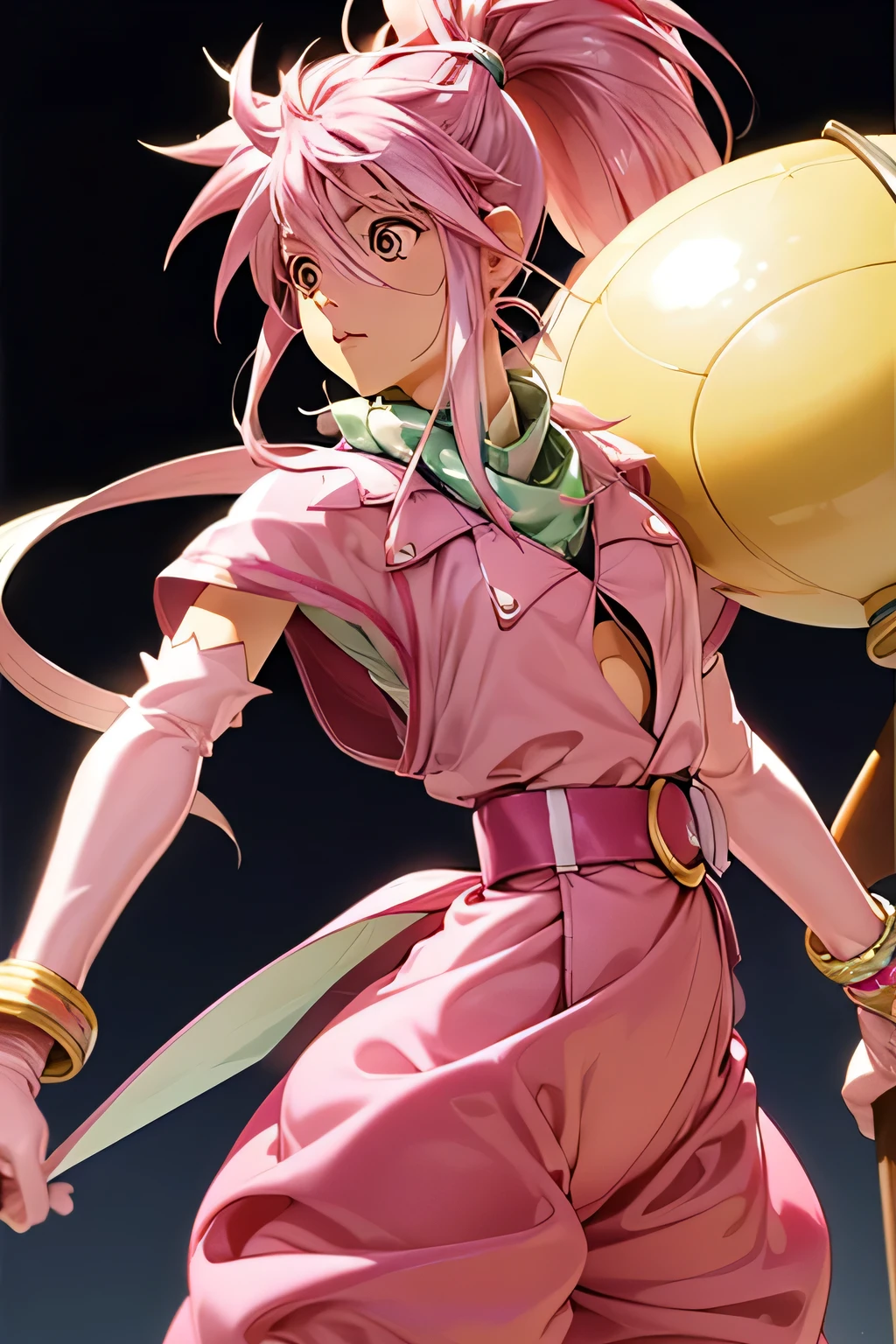  perfect anatomy 　 best quality, highest resolution,(((Shiny clothes　 pink hair　 ponytail 　sweat)))　 Tales of Phantasia　Arche 