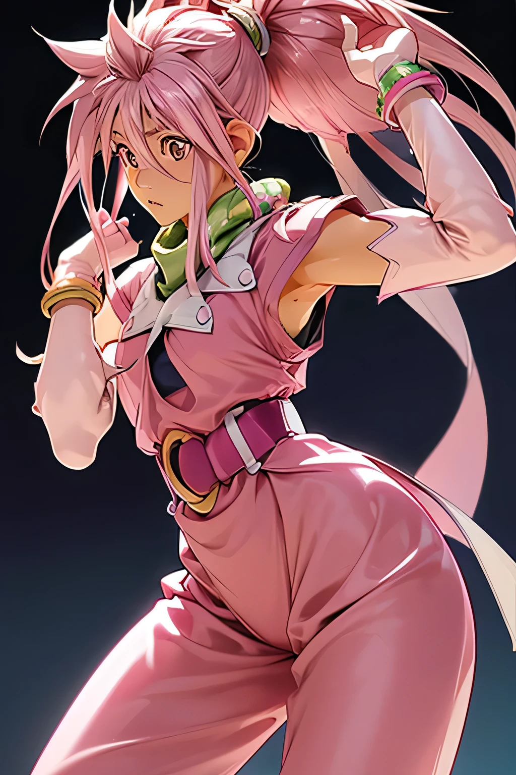  perfect anatomy 　 best quality, highest resolution,(((Shiny clothes　 pink hair　 ponytail 　sweat)))　 Tales of Phantasia　Arche 