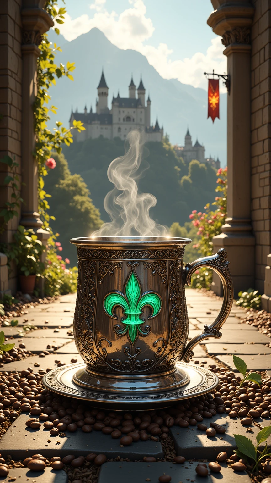 Realistic illustration for advertising , 1 very short and very low coffee mug made of polished silver ,  in the center of the coffee mug engraved with three-dimensional lily patterns ,  The area around the lily pattern is a Gothic art motif. The middle one is decorated with a luminous emerald green., . Inside the coffee mug there is a glossy black hot Americano coffee cup. ,  There is coffee smoke billowing out of the coffee mug elegantly but still looking natural. ,  The view of the image clearly shows the hot Americano coffee water inside the coffee cup , The coffee cup holder ear is on the right hand ,  coffee cups are placed on coffee coasters made of polished silver ,  coffee coasters engraved with medieval Gothic art motifs ,  area. Around the coffee mug there are whole coffee beans of the same size, placed together naturally inside the saucer. Coffee Mug, . Small ivy branches lay on a coffee saucer naturally , . The area around the coffee saucer contains complete coffee beans of the same size in large numbers, placed together naturally on the street floor.,  The coffee mug and coffee saucer stand on a medieval gravel-paved road in the lower center position of the image ,  The medieval gravel-paved road is a path connected from the central position of the , The backdrop is the Hohenzollern Castle, which is located on a high mountain and is surrounded by an elegant medieval-style flower garden. ,  The left and right sides have architecture and brightly colored trees and flowers and other elements that represent the Middle Ages. ,  should be checked. The area next to the street is decorated with banners with family insignia and red-gold flags, Fleur-de-lis motifs, hanging periodically., , the details of the architecture behind can be seen in detail and clearly through the perspective seen from the front. ,. In the sky, clouds and large daylight hours are devoted. , The midday sunlight shines through the stained glass  (Stained Glass)  from the cathedral and cause colored light reflected to all corners of the image. ,  The overall atmosphere of the picture is bright cheerful noon time. 