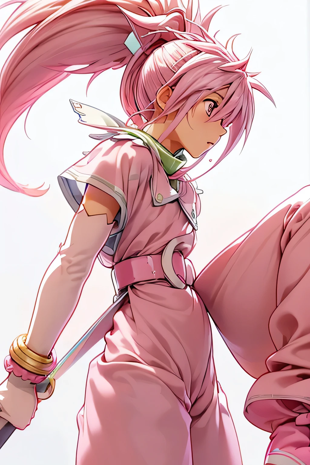  perfect anatomy 　 best quality, highest resolution,(((shiny white and pink clothes　 pink hair　 ponytail 　sweat)))　 Tales of Phantasia　Arche 