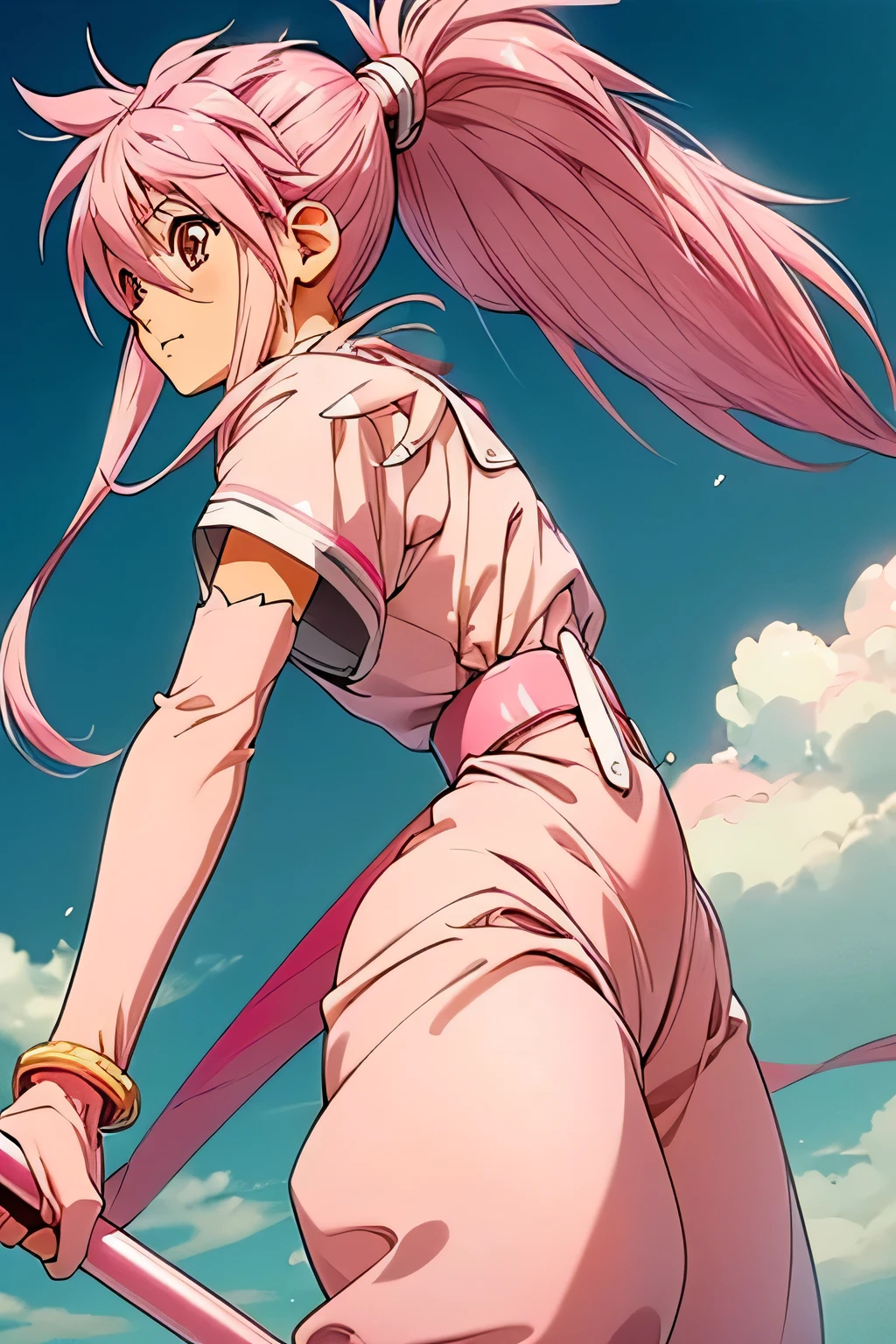  perfect anatomy 　 best quality, highest resolution,(((shiny white and pink clothes　 pink hair　 ponytail 　sweat)))　 Tales of Phantasia　Arche 