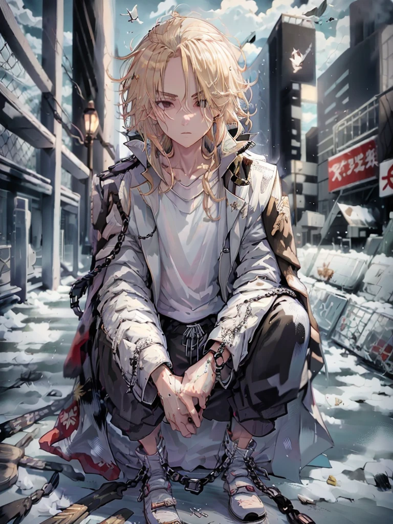 mikey, manjiro_sano, tokyo_revengers, 1boy, male focus, blonde hair, black eyes, squatting, pants, shirt, long sleeves, solo, white shirt, full body, jacket, outdoors, hair over one eye, jacket on shoulders, long hair, looking at viewer, closed mouth, empty eyes, black pants, coat, medium hair, white footwear, coat on shoulders, feathers, fence, bird, shoes, chain-link fence