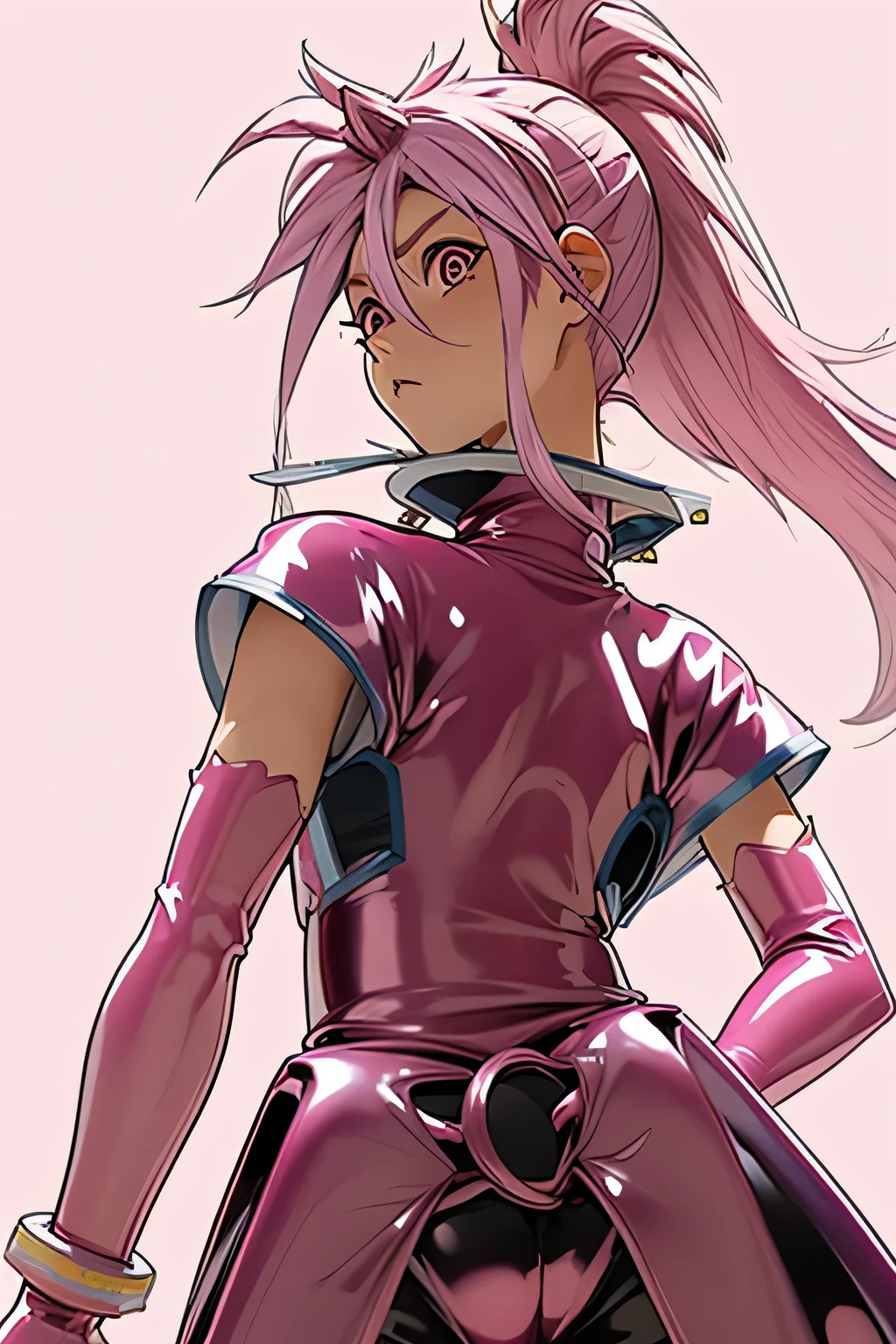  perfect anatomy 　 best quality, highest resolution,((( latex clothing　 pink hair　 ponytail 　sweat)))　 Tales of Phantasia　Arche 