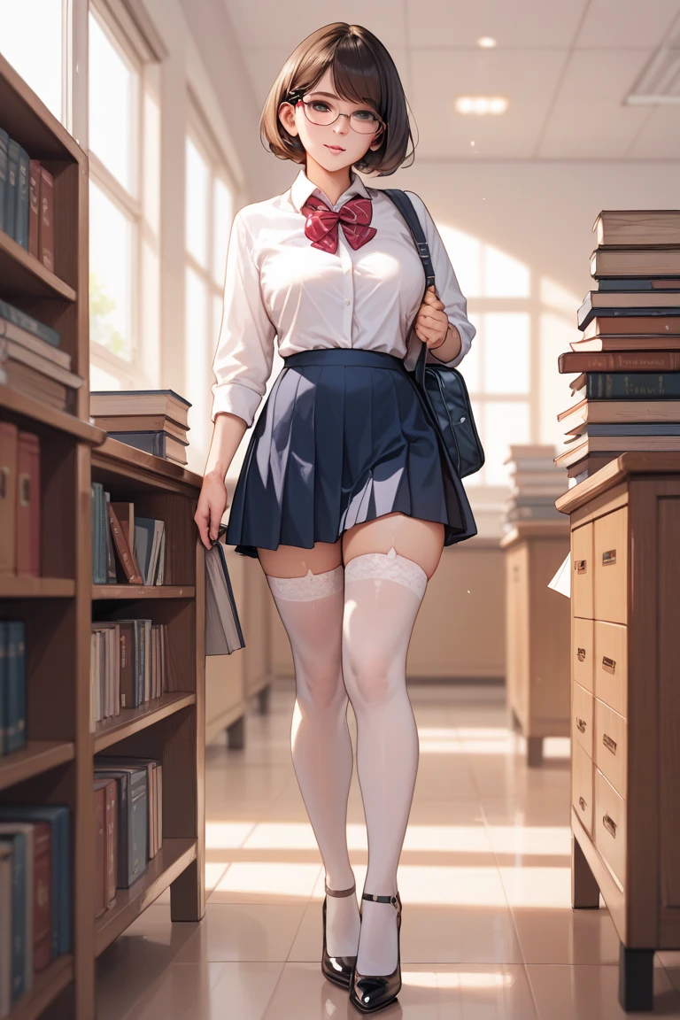 show entire body, 18y.o. slim female, gorgeous, American school uniform, big breasts, sheer light brown pantyhose, short skirt, tattooed legs, no shoes, pixie haircut, library
