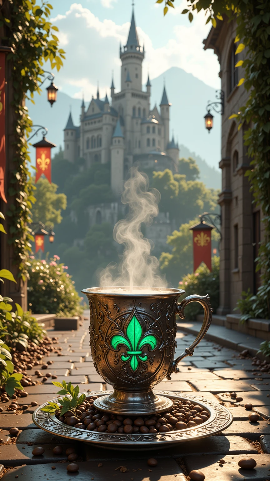 Realistic illustration for advertising , 1 very short and very low coffee mug made of polished silver ,  in the center of the coffee mug engraved with three-dimensional lily patterns ,  The area around the lily pattern is a Gothic art motif. The middle one is decorated with a luminous emerald green., . Inside the coffee mug there is a glossy black hot Americano coffee cup. ,  There is coffee smoke billowing out of the coffee mug elegantly but still looking natural. ,  The view of the image clearly shows the hot Americano coffee water inside the coffee cup , The coffee cup holder ear is on the right hand ,  coffee cups are placed on coffee coasters made of polished silver ,  coffee coasters engraved with medieval Gothic art motifs , . The area around the coffee cup contains complete coffee beans of the same size, placed together. Gathers naturally inside the coffee saucer, . Small ivy branches lay on a coffee saucer naturally ,  The area around the coffee saucer contains complete coffee beans of the same size in large numbers, placed together naturally on top. Road floor,  The coffee mug and coffee saucer stand on a medieval gravel-paved road in the lower center position of the image ,  The medieval gravel-paved road is a path connected from the central position of the , The backdrop is the Hohenzollern Castle, which is located on a high mountain and is surrounded by an elegant medieval-style flower garden. ,  The left and right sides have architecture and brightly colored trees and flowers and other elements that represent the Middle Ages. ,  should be checked. The area next to the street is decorated with banners with family insignia and red-gold flags, Fleur-de-lis motifs, hanging periodically.,  Details of the architecture behind can be seen in detail and clearly through the view seen from the front. ,. In the sky, clouds and large daylight hours are devoted. , The midday sunlight shines through the stained glass  (Stained Glass)  from the cathedral and cause colored light reflected to all corners of the image. ,  The overall atmosphere of the picture is bright cheerful noon time. 