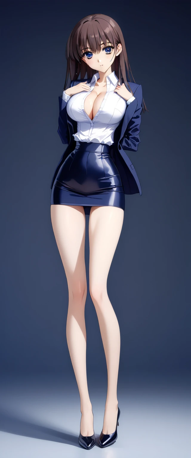 Megumi Kato,  1 girl , Alone, bangs,  brown hair, (((Female lawyer, ( formal suit micro mini skirt that shows only a little bit of crotch,  High Waist Micro Mini Pencil Skirt ,  white shirt,  strict navy blue jacket),Big Breasts、 cleavage、Thin legs)))、 perfect body,  Anime Virtual YouTuber Full Body Model, ((Full body of a single character,  standing in a splendid posture , short!,  full body shot超詳細))、 skinny, Alone, 1 female,   Masterpiece ,   best quality ,   best quality , 16k,  Incredibly Ridiculous,  high definition, 2.5D, AI-generated, Delicate and dynamic,  Very delicate facial expression,  delicate eye depiction,  Erotic , only  sexy woman, ((A cute and kind face)),((((Beautifully detailed eyes、 beautiful detailed eyes))))、 Healthy body shape, ((25-year-old woman)), Height: 170cm,  Moderately Firm Swaying Bust , sexy, (( Thin Thighs )),,  shiny, 視聴者にfrontを向いている, smile, ((Oily_skin)), (((( full body shot、 middle hair )))),  Erotic  pose,  fashion model posing with faded gray hair,   fashion model style DJ, (((micro mini length pencilskirt、front、You can fully see your thighs 、Very thin thighs、Long beautiful legs、痩せていてBig Breasts、 Navy Blue Flawless Micro Mini Pencil Skirt)))、whole body、entire body、full body、total body、((((CowboysHot、downwards、from front、 simple background))))、((Fashion Show Pose ))