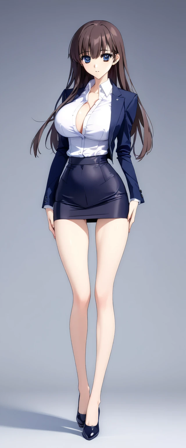 Megumi Kato,  1 girl , Alone, bangs,  brown hair, (((Female lawyer, ( formal suit micro mini skirt that shows only a little bit of crotch,  High Waist Micro Mini Pencil Skirt ,  white shirt,  strict navy blue jacket),Big Breasts、 cleavage、Thin legs)))、 perfect body,  Anime Virtual YouTuber Full Body Model, ((Full body of a single character,  standing in a splendid posture , short!,  full body shot超詳細))、 skinny, Alone, 1 female,   Masterpiece ,   best quality ,   best quality , 16k,  Incredibly Ridiculous,  high definition, 2.5D, AI-generated, Delicate and dynamic,  Very delicate facial expression,  delicate eye depiction,  Erotic , only  sexy woman, ((A cute and kind face)),((((Beautifully detailed eyes、 beautiful detailed eyes))))、 Healthy body shape, ((25-year-old woman)), Height: 170cm,  Moderately Firm Swaying Bust , sexy, (( Thin Thighs )),,  shiny, 視聴者にfrontを向いている, smile, ((Oily_skin)), (((( full body shot、 middle hair )))),  Erotic  pose,  fashion model posing with faded gray hair,   fashion model style DJ, (((micro mini length pencilskirt、front、You can fully see your thighs 、Very thin thighs、Long beautiful legs、痩せていてBig Breasts、 Navy Blue Flawless Micro Mini Pencil Skirt)))、whole body、entire body、full body、total body、((((CowboysHot、downwards、from front、 simple background))))、((Fashion Show Pose ))