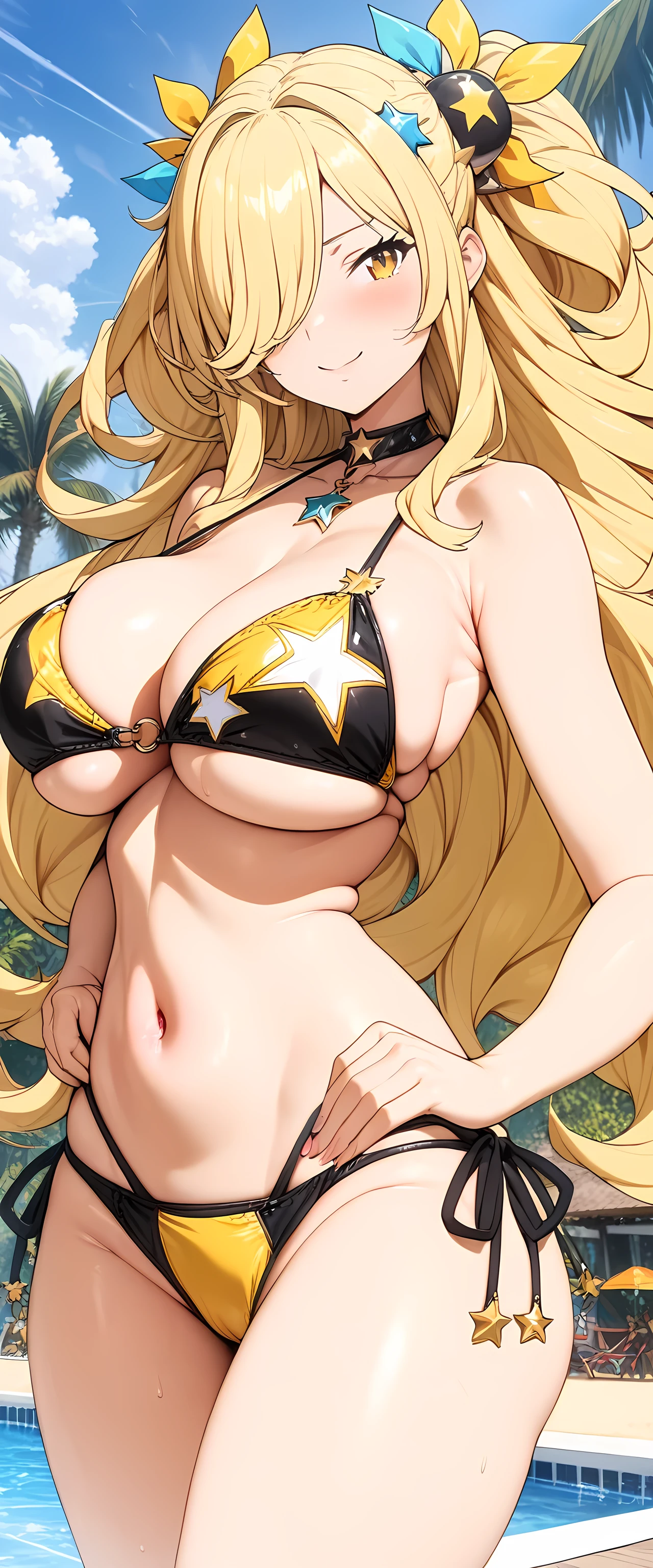 (masterpiece), best quality, expressive eyes, perfect face,8k wallpaper,detailed background,NSFW,1girl,pokemoncynthia, blonde hair, hair ornament, hair over one eye, long hair, yellow eyes,sun，heel sandals，clear sky,bare shoulders,big breasts,cleavage,underboob,star pendant,stylish swimsuit,sexy swimsuit,(idol bikini:1.2),strap gap,side-tie bikini bottom,star design,black swimsuti,gold swimsuit,cowboy shot, standing,beach resort,poolside,seductive pose,horny,in heat,aroused,smile,sexy pose,bewitching thighs,(looking from behind),idol dress