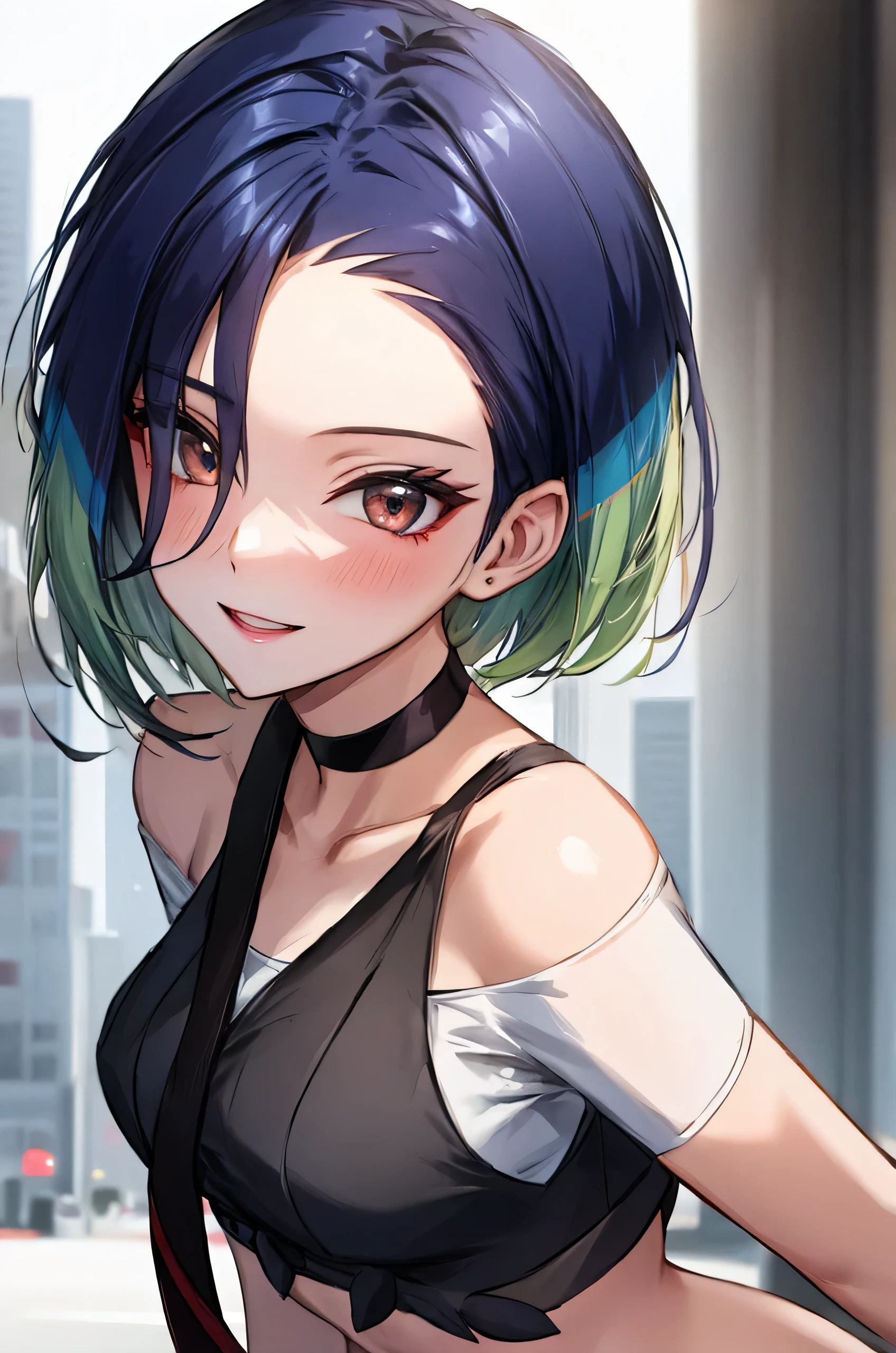 1girl, leaning forward, looking at viewer, BREAK perrin_pokemon, choker, crop top, midriff, black choker, (small breasts:0.7), (smile:0.8), BREAK detailed background, city, outdoor, BREAK (best quality, masterpiece, UHD, ultra detailed), (beautiful face, shiny skin), (detailed eyes), (perfect anatomy), (professional lighting)