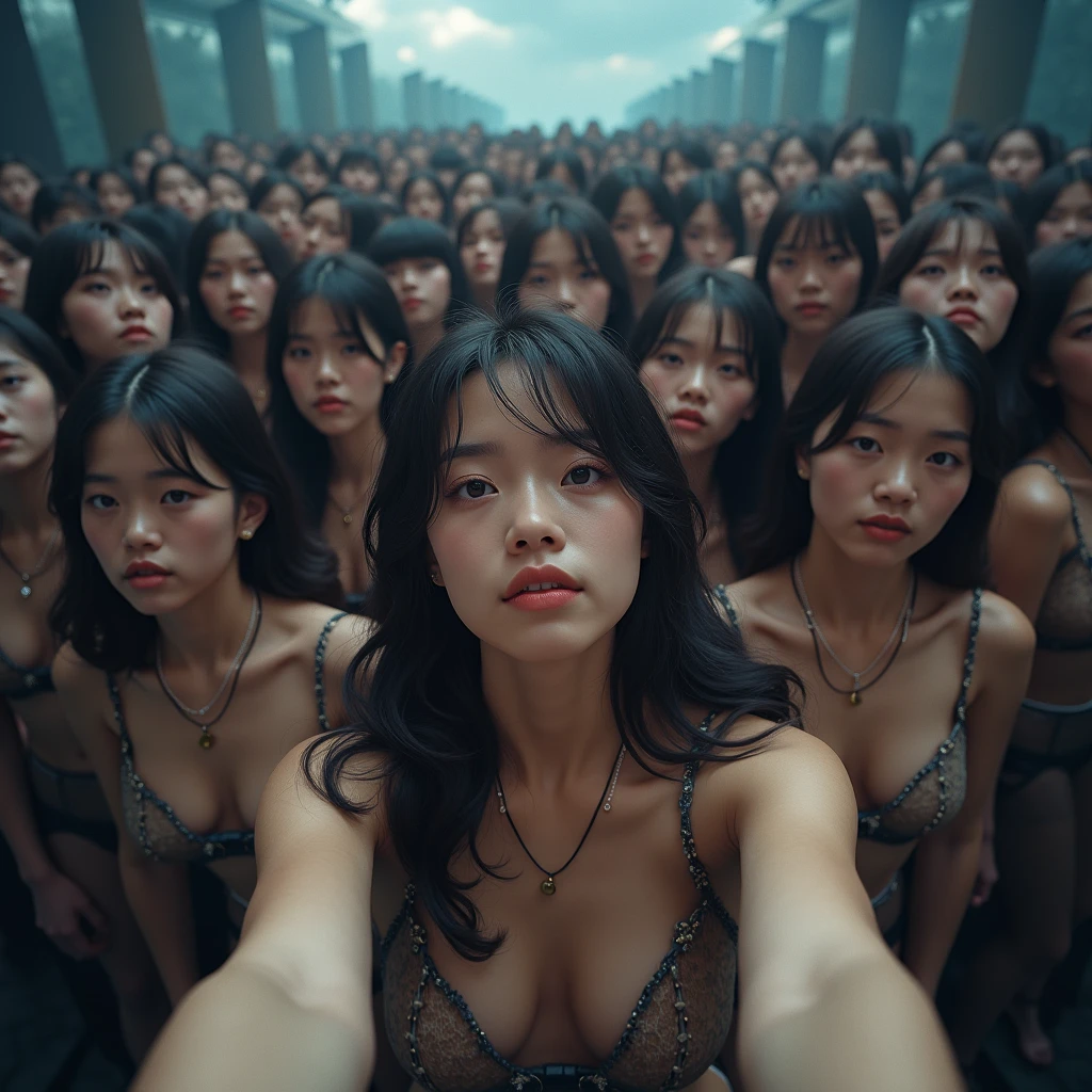 Highest quality、super beautiful、In the crowd, a , naked girl with short bob hair１Only people、She left a crowd of angry men１It needs to be filled with people。Photorealistic、masterpiece images,