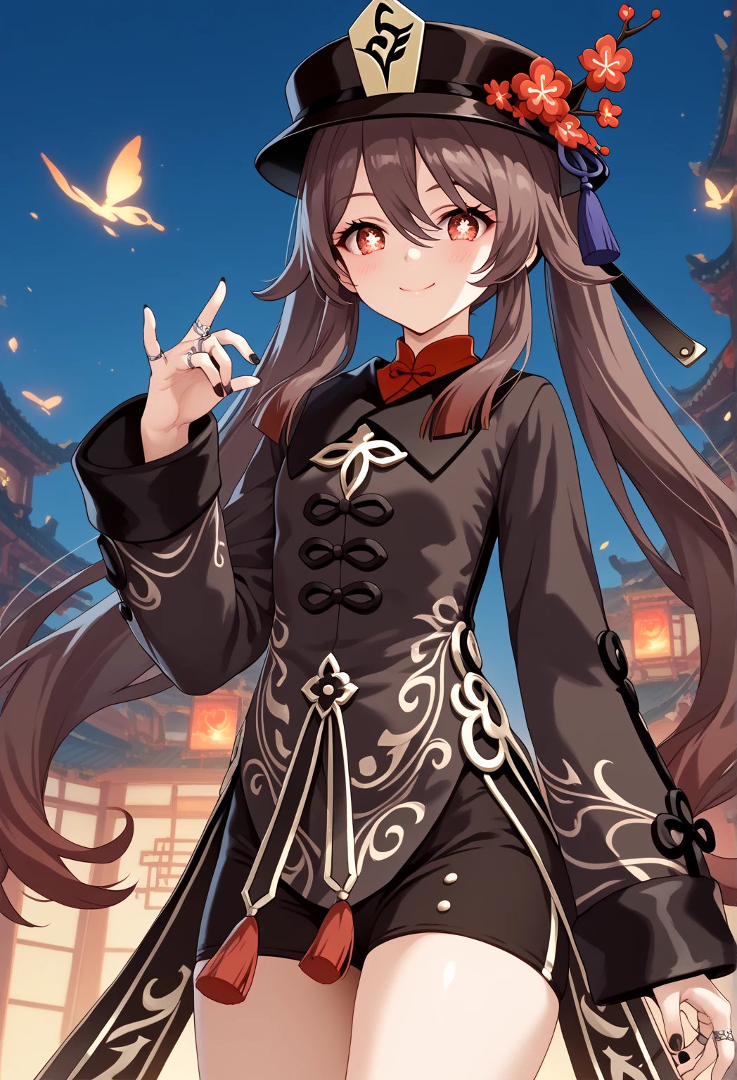 hutao, long hair, bangs, brown hair, red eyes, hair between eyes, twintails, sidelocks, symbol-shaped pupils,  ring, black nails, hat ornament, hat flower, nail polish, small breast , dynamic angle, takeda hiromitsu style,
, High Resolution, Masterpiece, High Quality,  ,Booty pose,impish smile,blush,
