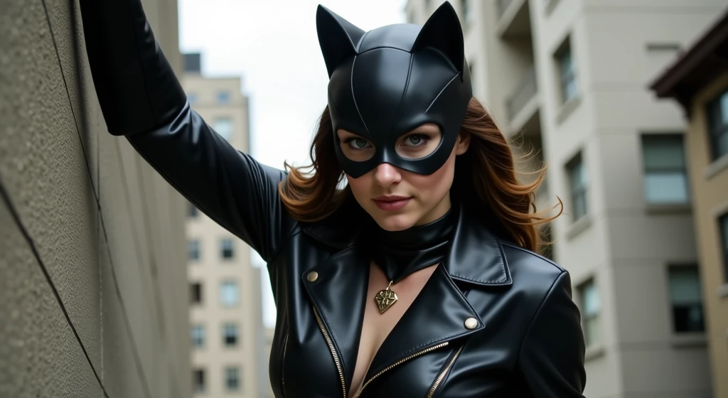 catwoman in matte leather outfit with big chest and ass hanging from a building wall
