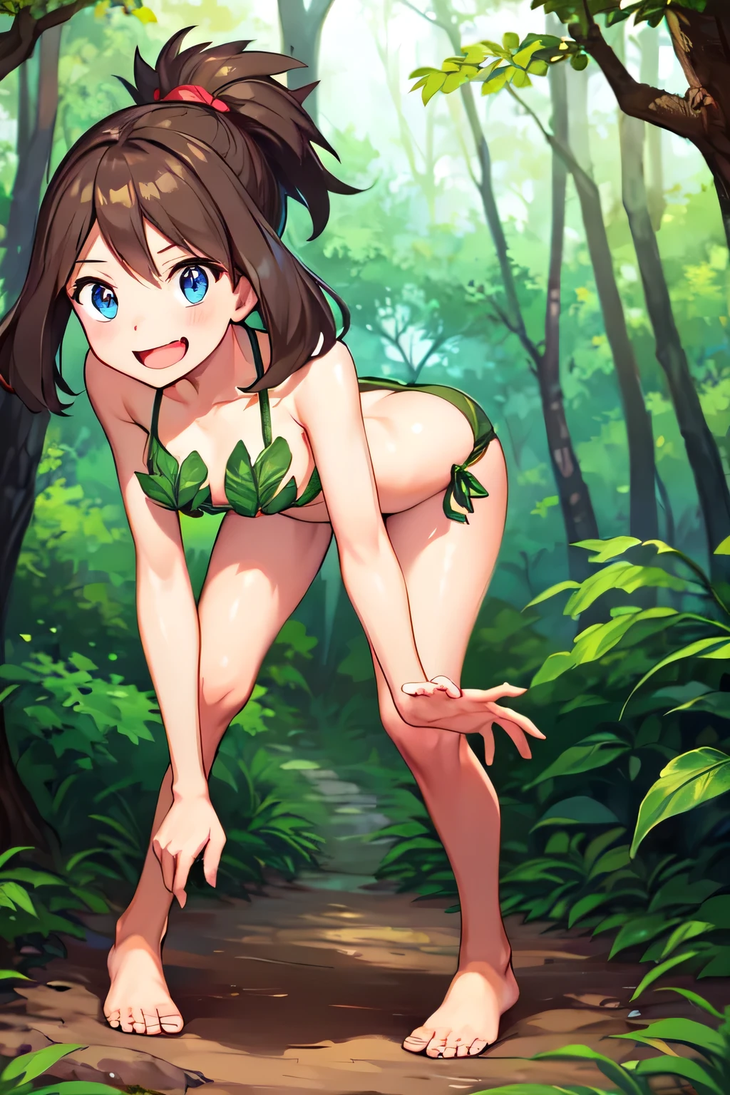   leaf bikini,  one girl, Alone, barefoot　Teary-eyed 　only　 beautiful legs　A smile that opens its mouth　In the forest　 Seducing Poses