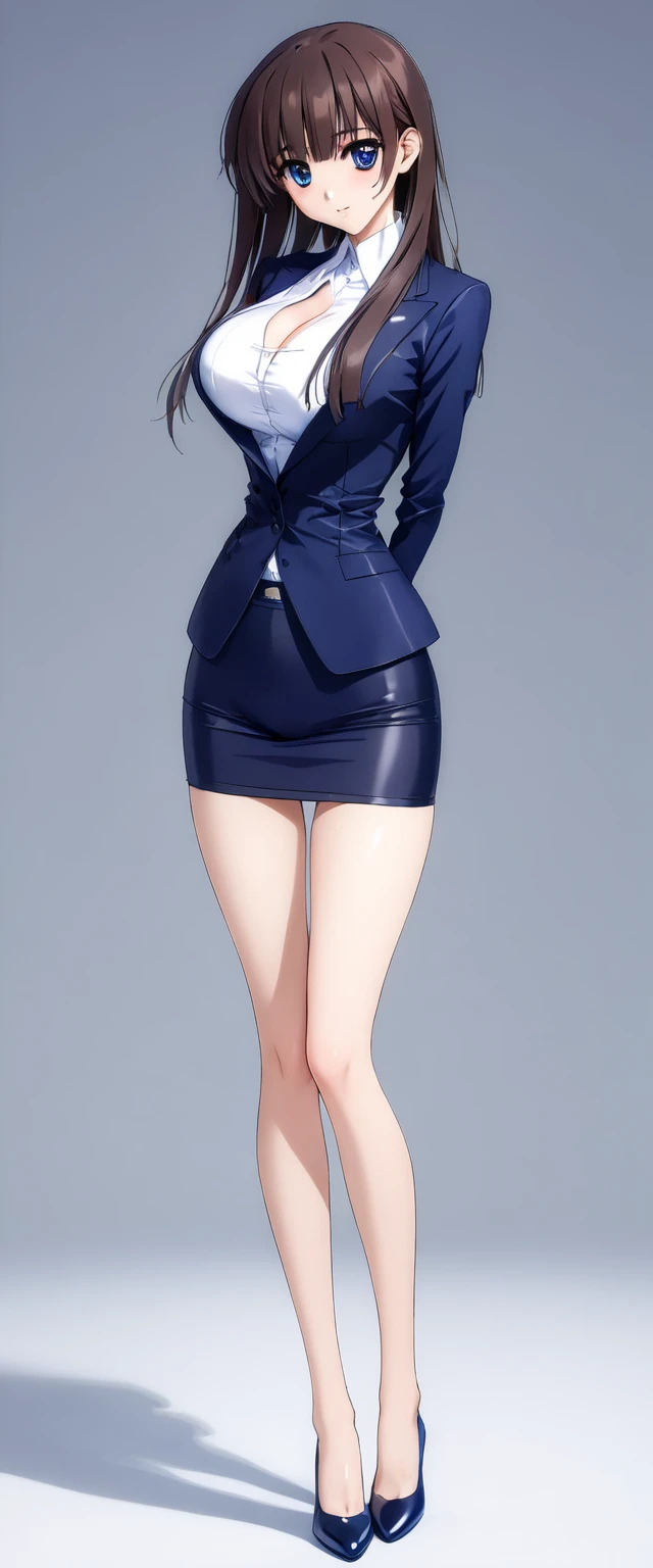 Megumi Kato,  1 girl , Alone, bangs,  brown hair, (((Female lawyer, ( formal suit micro mini skirt that shows only a little bit of crotch,  High Waist Micro Mini Pencil Skirt ,  white shirt,  strict navy blue jacket),Big Breasts、 cleavage、Thin legs)))、 perfect body,  Anime Virtual YouTuber Full Body Model, ((Full body of a single character,  standing in a splendid posture , short!,  full body shot超詳細))、 skinny, Alone, 1 female,   Masterpiece ,   best quality ,   best quality , 16k,  Incredibly Ridiculous,  high definition, 2.5D, AI-generated, Delicate and dynamic,  Very delicate facial expression,  delicate eye depiction,  Erotic , only  sexy woman, ((A cute and kind face)),((((Beautifully detailed eyes、 beautiful detailed eyes))))、 Healthy body shape, ((25-year-old woman)), Height: 170cm,  Moderately Firm Swaying Bust , sexy, (( Thin Thighs )),,  shiny, 視聴者にfrontを向いている, smile, ((Oily_skin)), (((( full body shot、 middle hair )))),  Erotic  pose,  fashion model posing with faded gray hair,   fashion model style DJ, (((micro mini length pencilskirt、front、You can fully see your thighs 、Very thin thighs、Long beautiful legs、痩せていてBig Breasts、 Navy Blue Flawless Micro Mini Pencil Skirt)))、whole body、entire body、full body、total body、((((CowboysHot、downwards、from front、 simple background))))、((Bewitching pose))