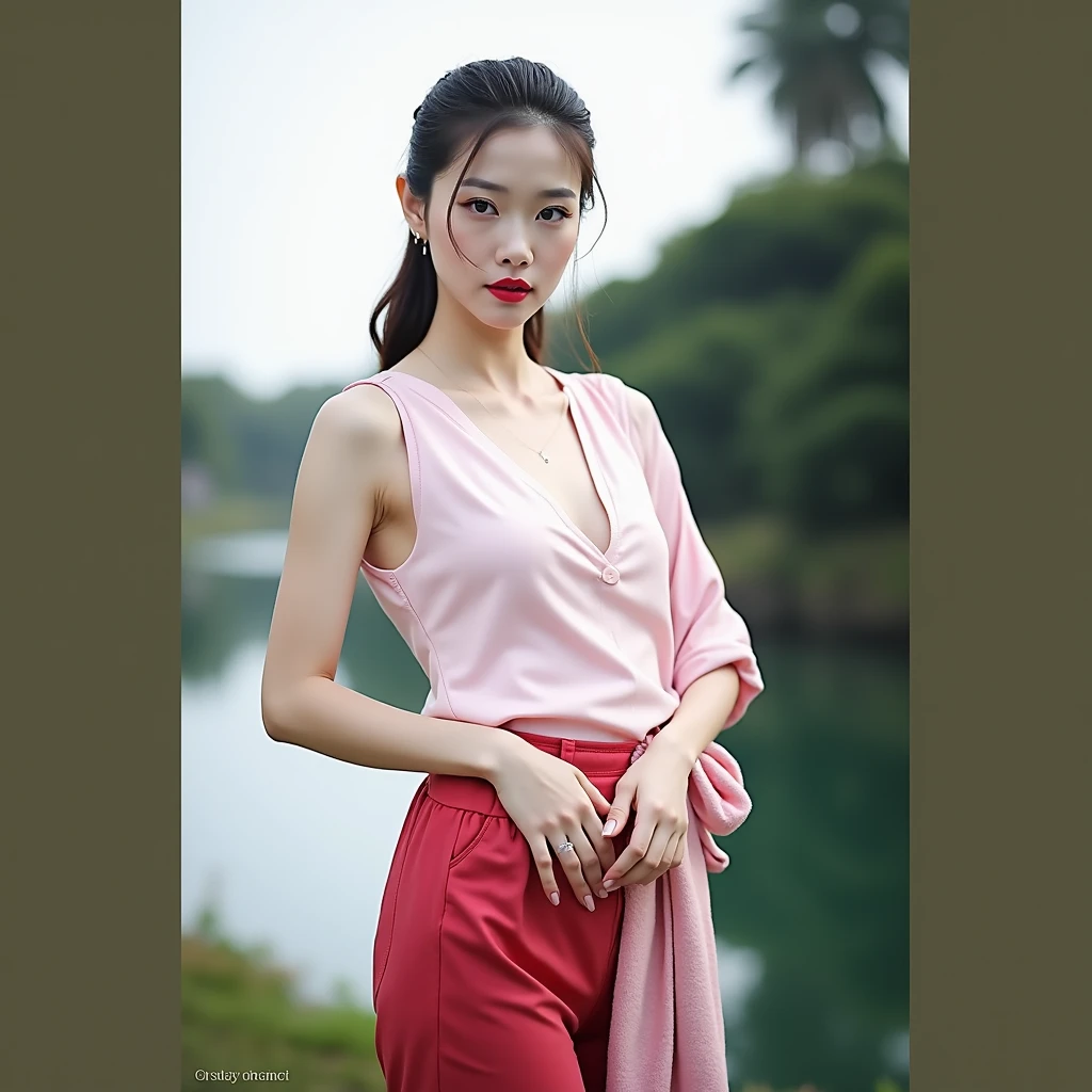 (Best quality:1.4), (超高分辨率:1.2), (Photorealistic:1.4), (8K, RAW photo:1.2),(Medium shot :1.4), (Brown eyes), Girl walking down the street, Wearing ( Red Thai elephant harem pants:1.3),(White top:1.2), (Nice shoes),(Natural light),(rim-light)