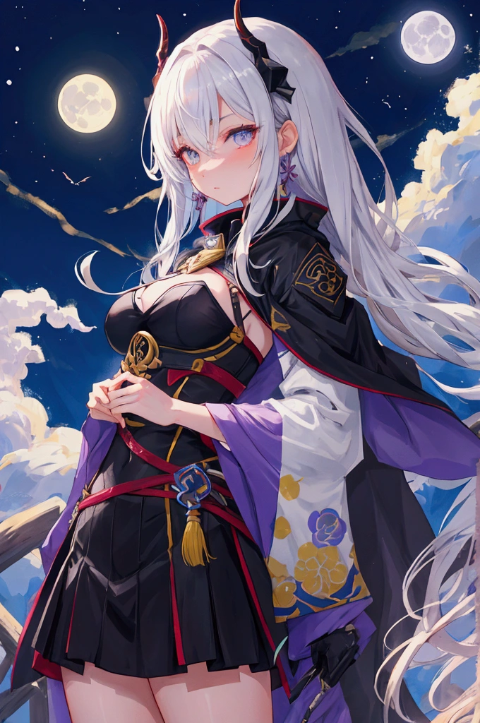 Moon Temple Night Scene: A Masterpiece of the Best Quality
1 Woman adorned in a Black Elegant Kimono
The moon temple, a sacred sanctuary bathed in the ethereal glow of a starry night, stands majestically against a backdrop of cascading waterfalls. This lunar temple, a heavenly beauty, is illuminated by the soft radiance of the moon, casting long, dramatic shadows that dance upon the temple's intricate details.
The woman, with long, flowing white hair and captivating purple eyes, is the centerpiece of this serene scene. She wears a black Japanese dress, adorned with silver details, underneath a