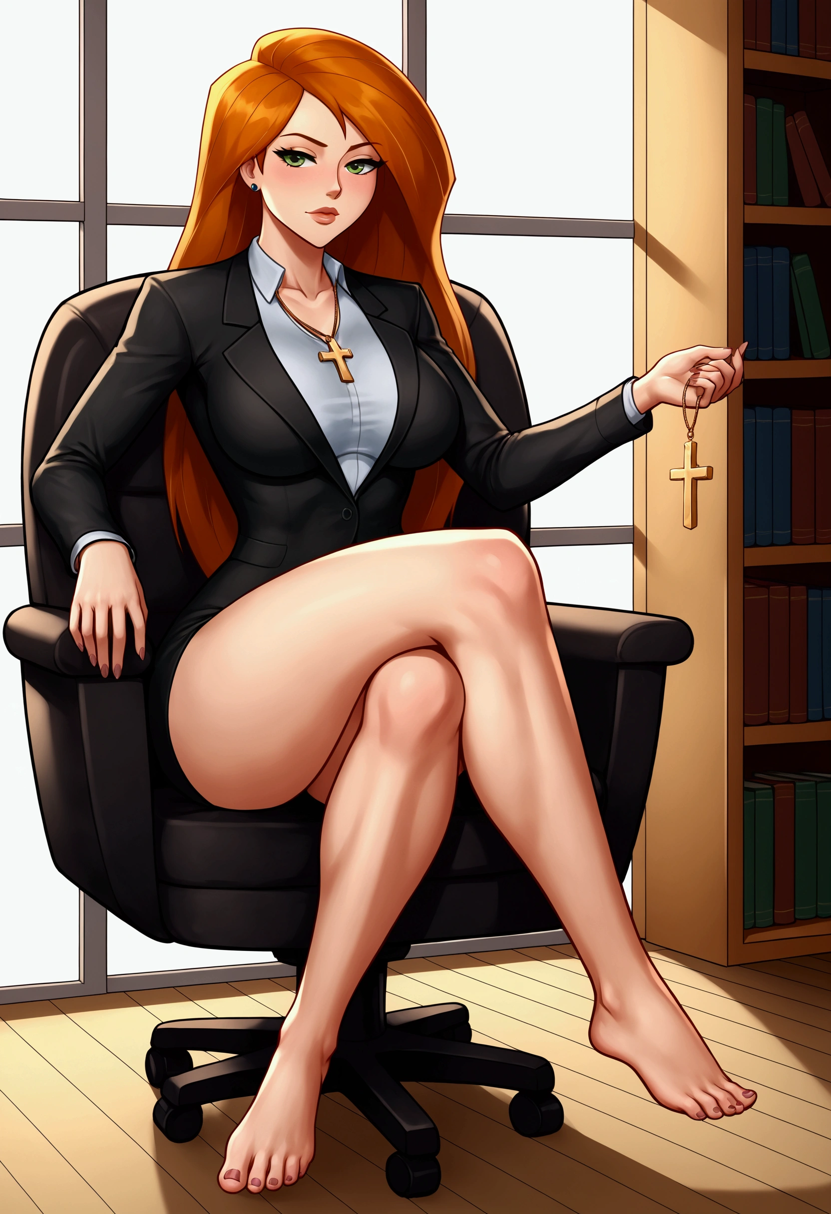Kim possible, very beautiful girl sit on a chair, cross legs