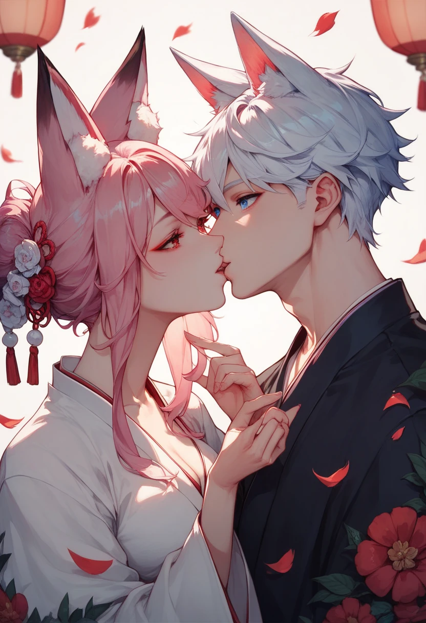 2 characters, ((First female, Long pink hair, Fox ears, Blue eyes)), White kimono with pink and blue accent, ((Second Male Short white hair, Fox ears, Red eyes)), Black Kimono with white accent, Kissing
