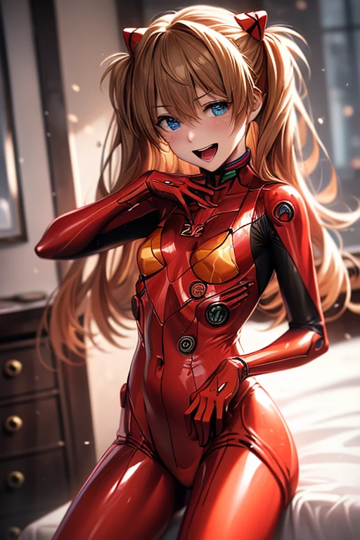 (( best quality)), ((masterpiece)), (be familiar with),  perfect face, indoor, bedroom,  viewer,
One woman,  Soryu Asuka Langley ,
 open mouth,  ecstatic expression with hands in front of body, blush, smile,
 small tits,  flat chested, Young girl, Lori,  s,  girl,
 long hair,  twin tails,
Leg spread,