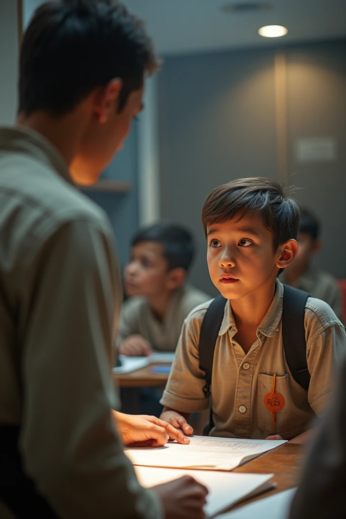 A tense classroom with students preparing for an exam, some looking nervous.
2. Rohit, a clever teenage boy, sitting confidently in his classroom seat.