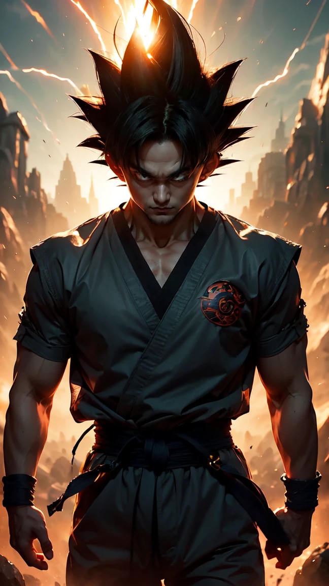 Capture an ultra-realistic portrait of Son Goku from the anime "Dragon Ball," set against a dramatic, high-energy backdrop reminiscent of his iconic battles. The scene should be bathed in warm, golden sunlight that enhances the vibrancy of his spiky black hair, meticulously showcasing its texture with hyper-detailed strands glistening in the light. Use a low-angle shot to emphasize Goku’s stronger physique as he stands confidently, fists clenched, ready for action, exuding an aura of both determination and humility. Camera movements should include a slow, upward tilt that captures the intensity in his deep-set, expressive eyes and the signature orange gi that fits snugly against his muscular frame. The fabric should appear realistic, with detailed folds and creases, along with visible wear and tear from countless battles. The environment should feature a partially destroyed landscape, littered with boulders and scorched earth, and a distant skyline of jagged mountains under a bright blue sky filled with wispy clouds. The background should buzz with energy, suggesting the aftermath of a fierce skirmish, while the foreground remains crisp, pushing Goku into focus further. Aim for an ultra-high-definition quality, ensuring that every aspect, from the subtle reflections in his eyes to the textures of his clothing and the surrounding scenery, conveys a stunningly vivid and immersive result that looks like a still from an award-winning anime film.