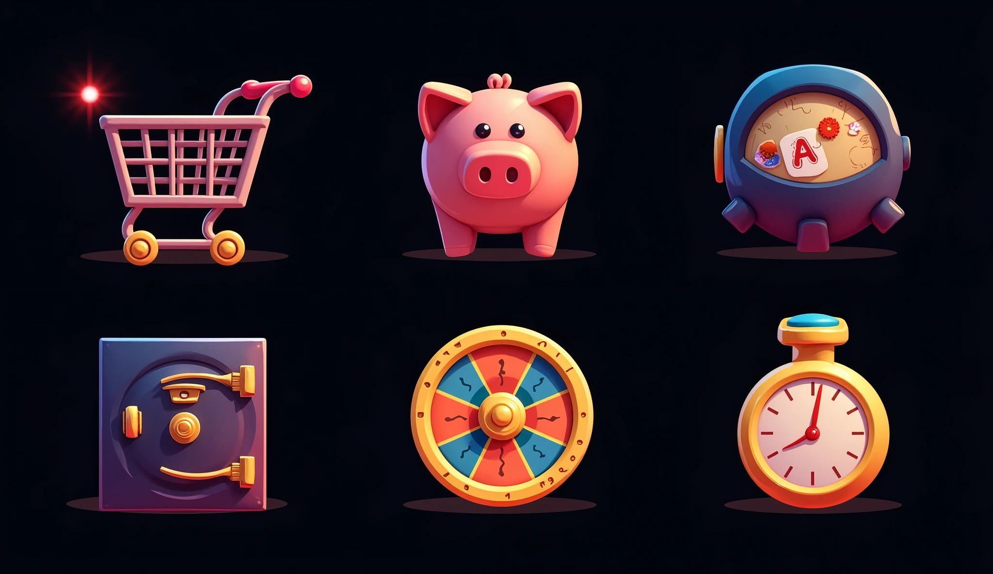 6 clean shiney icon set in casino style, shoping cart icon, piggy bank icon, safe icon, wheel of fortune icon, add watch icon, ludo icon, the background is dark, 