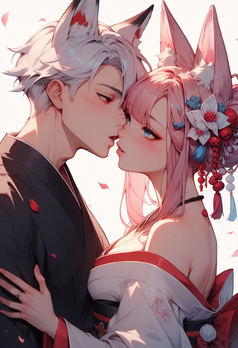 2 characters, ((First female, Long pink hair, Fox ears, Blue eyes)), White kimono with pink and blue accent, ((Second Male Short white hair, Fox ears, Red eyes)), Black Kimono with white accent, Kissing
