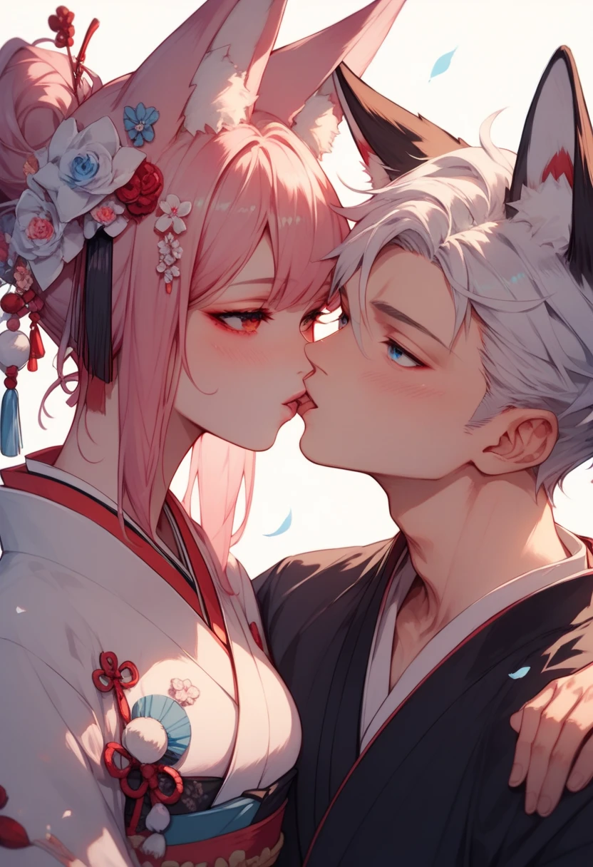 2 characters, ((First female, Long pink hair, Fox ears, Blue eyes)), White kimono with pink and blue accent, ((Second Male Short white hair, Fox ears, Red eyes)), Black Kimono with white accent, Kissing
