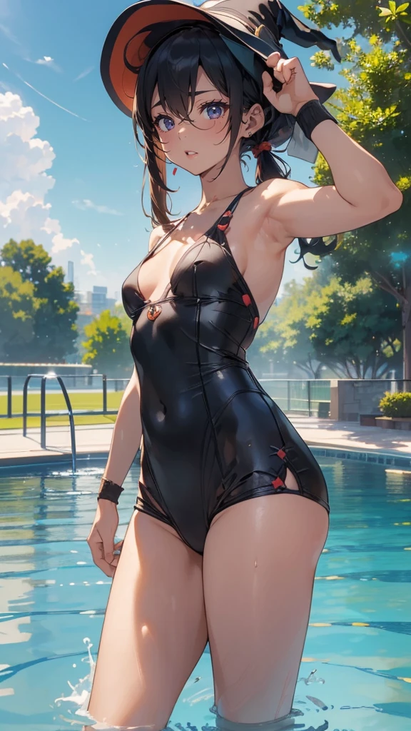 camel toe:1.4、erect nipples、(Sweat)、(vapor)､(((long gloves:1.3)))、brown loafers、(((black calf length socks)))、Open your thighs wide to the left and right､Squat on the ground、show off your crotch to the viewer, ((latex competitive swimsuit:1.3、High leg、squat, spread your legs:1.3, arm behind head ))、、absurd、Black Bob、Golden headband、flat lighting、elevation angle、sexy pose、highest quality、Complex、surreal、perspective, very detailed, detailed background, shape、1 girl、alone、big breasts、light smile, embarrassing, blush, ((outdoor poolside)), 
