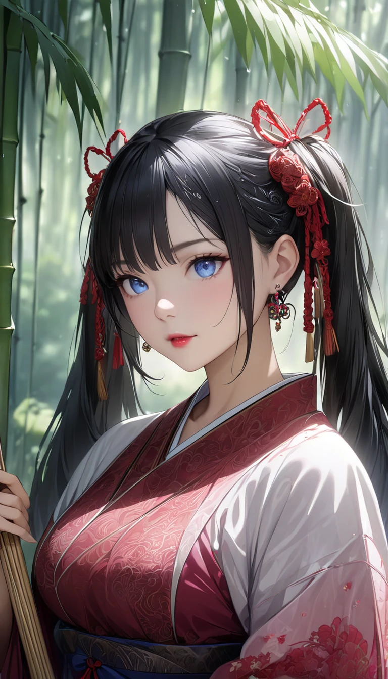   Masterpiece ,  Highly Detailed CG Unity 8K Wallpaper ,  1 girl, beautiful,  realistic , Blur, Blurred background, Blurred foreground, bamboo forest,  depth of writing,  earrings for a woman alone, gem, nose,  realistic , Alone, Hanfu, Holding a Japanese paper umbrella, rain、( slim、1 person,  cute young woman, , medium bust,  black hair、 twin tail hair 、Azure Eyes、 big red lace ribbon on hair ),繊細でbeautiful目 , eyes are drawn in detail , high definition , masterpiece, pictures of girls ,最後の細部まで可愛くてbeautiful顔、beautiful前髪, Bangs between the eyes, ( eyeliner , lipstick:0.9),