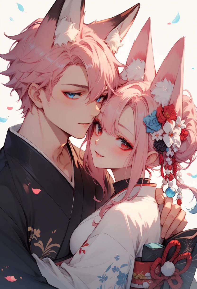 2 characters, ((First female, Long pink hair, Fox ears, Blue eyes)), White kimono with pink and blue accent, ((Second Male Short white hair, Fox ears, Red eyes)), Black Kimono with white accent, Hugging
