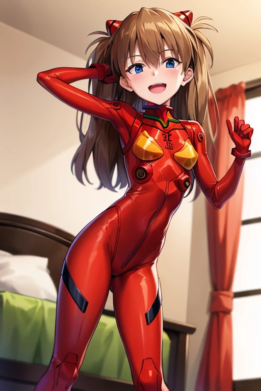 (( best quality)), ((masterpiece)), (be familiar with),  perfect face, indoor, bedroom,  viewer,
One woman,  Soryu Asuka Langley ,
 open mouth,  ecstatic expression with hands in front of body, blush, smile,
 small tits,  flat chested, Young girl, Lori,  s,  girl,
 long hair,  twin tails,
Leg spread,