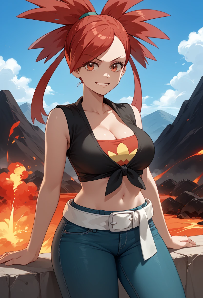 Perfect CG unity 8K UHD wallpaper, Perfect CG unity 8K UHD wallpaper, solo, flannery (pokemon), red hair, red eyes, front-tie top, cleavage, sleeveless, white belt, midriff, navel, denim jeans, outdoor, volcano, large breasts, smug