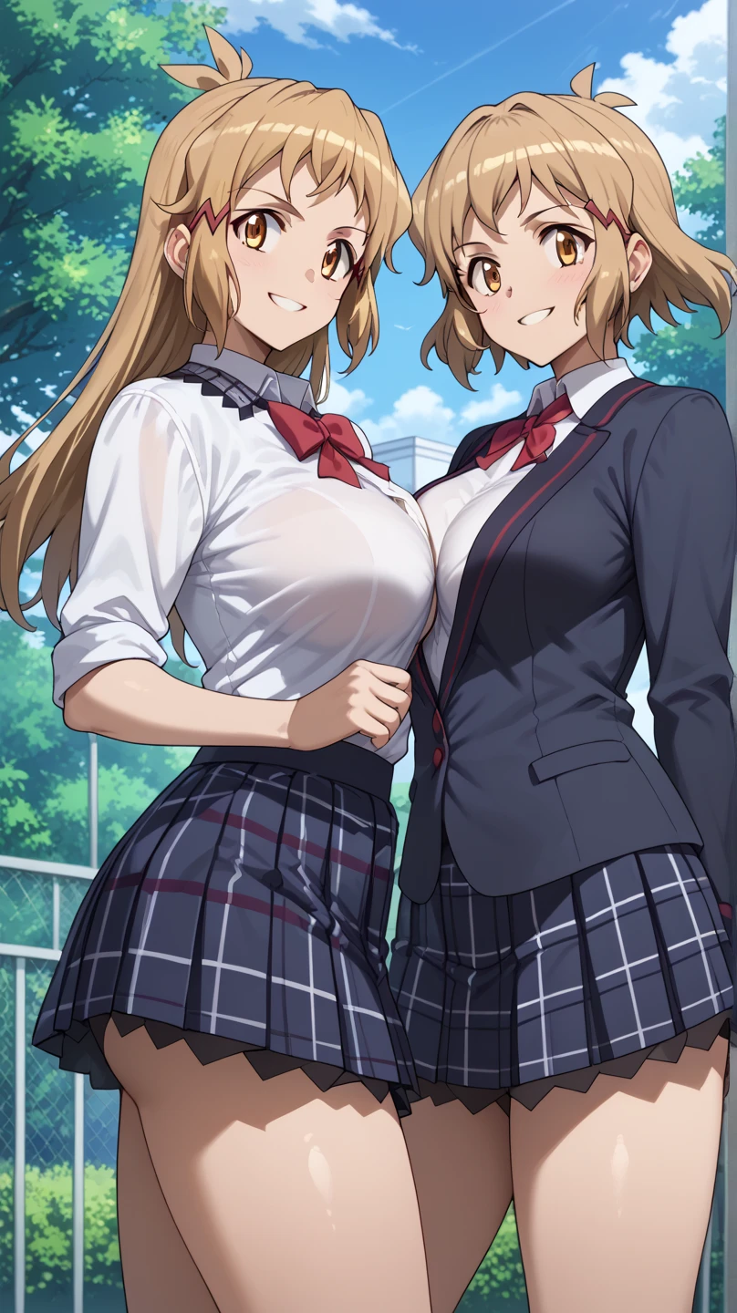 sexy woman, mature, milf, huge breasts, large breasts, curvy, voluptuous, blonde hair (straight bangs), sky-blue eyes, long hair, high school uniform, plaid skirt, earrings, smile, standing, solo focus, high school, outdoors