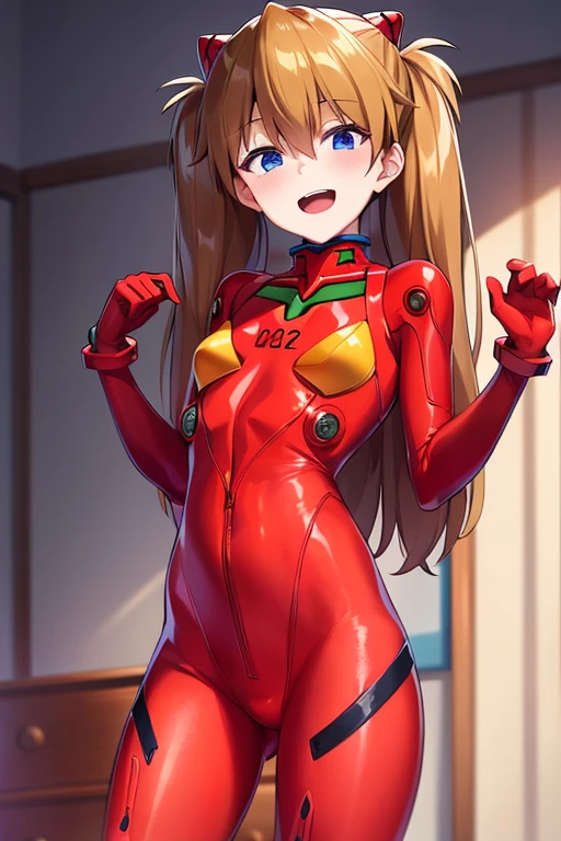 (( best quality)), ((masterpiece)), (be familiar with),  perfect face, indoor, bedroom,  viewer,
One woman,  Soryu Asuka Langley ,
 open mouth,  ecstatic expression with hands in front of body, blush, smile,
 small tits,  flat chested, Young girl, Lori,  s,  girl,
 long hair,  twin tails,
Leg spread,