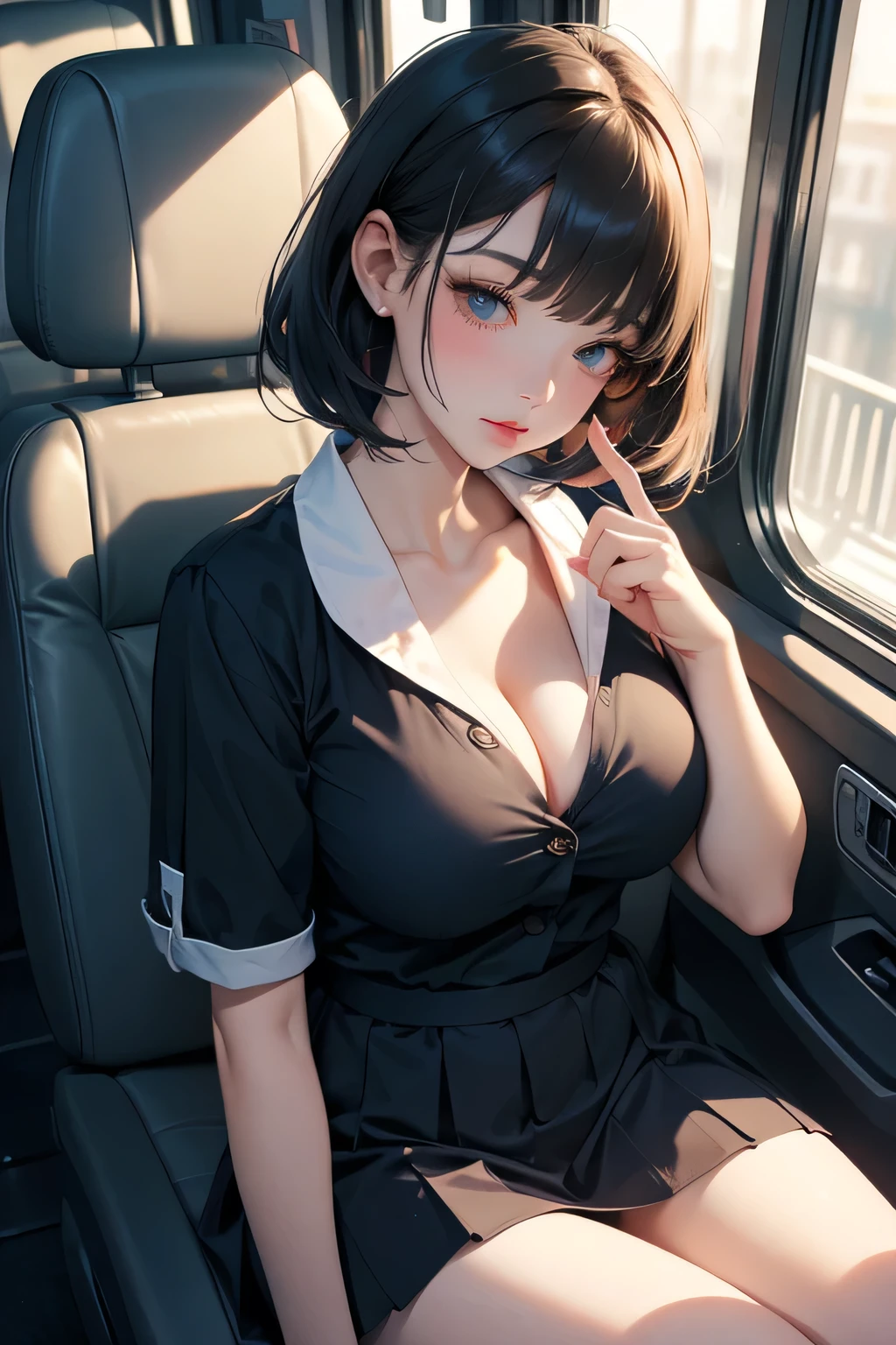 A teenage girl、(masterpiece:1.4)、(in 8K、realisitic、Raw photo、top-quality:1.4)、(Real Face:1.4)、(real looking skin:1.3)、超A high resolution、A hyper-realistic、Eyes in Beautiful Details、black hair shorthair、hairpin、耳Nipple Ring、a secretary、striped shirt、high detailing、(huge-breasted:1.5)、gargantilha、Blushing、Embarrassed look、alluring face、Bolides、Sit in the back seat、nighttime scene
