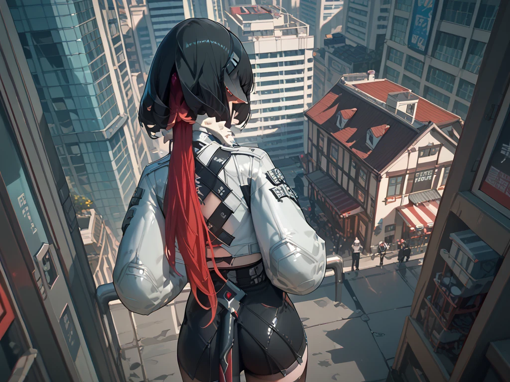 janedoe- zzz, aqua eyes,long hair,black hair,red hair,animal ears, shot from behind, above the building,looking the city 