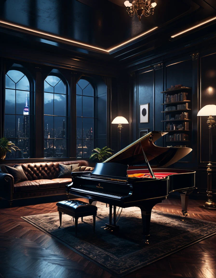  arafed living room with piano and grand piano ,  neo-noir setting ,, fancy apartment,  DRAMATIC LIGHTING  render, apartment with black walls,  dim room interior, private room background , dark interior, penthouse ,  dystopian city apartment ,  blade runner's apartment , photorealistic dark concept art,  DRAMATIC LIGHTING . concept art,  realistic image, masterpiece,  artwork ,  hyperrealistic, rendering ,  realistic physical rendering ,  photorealistic rendering ,  highly detailed ,  high-quality render ,  architectural rendering ,  very realistic 3D render ,  realistic image